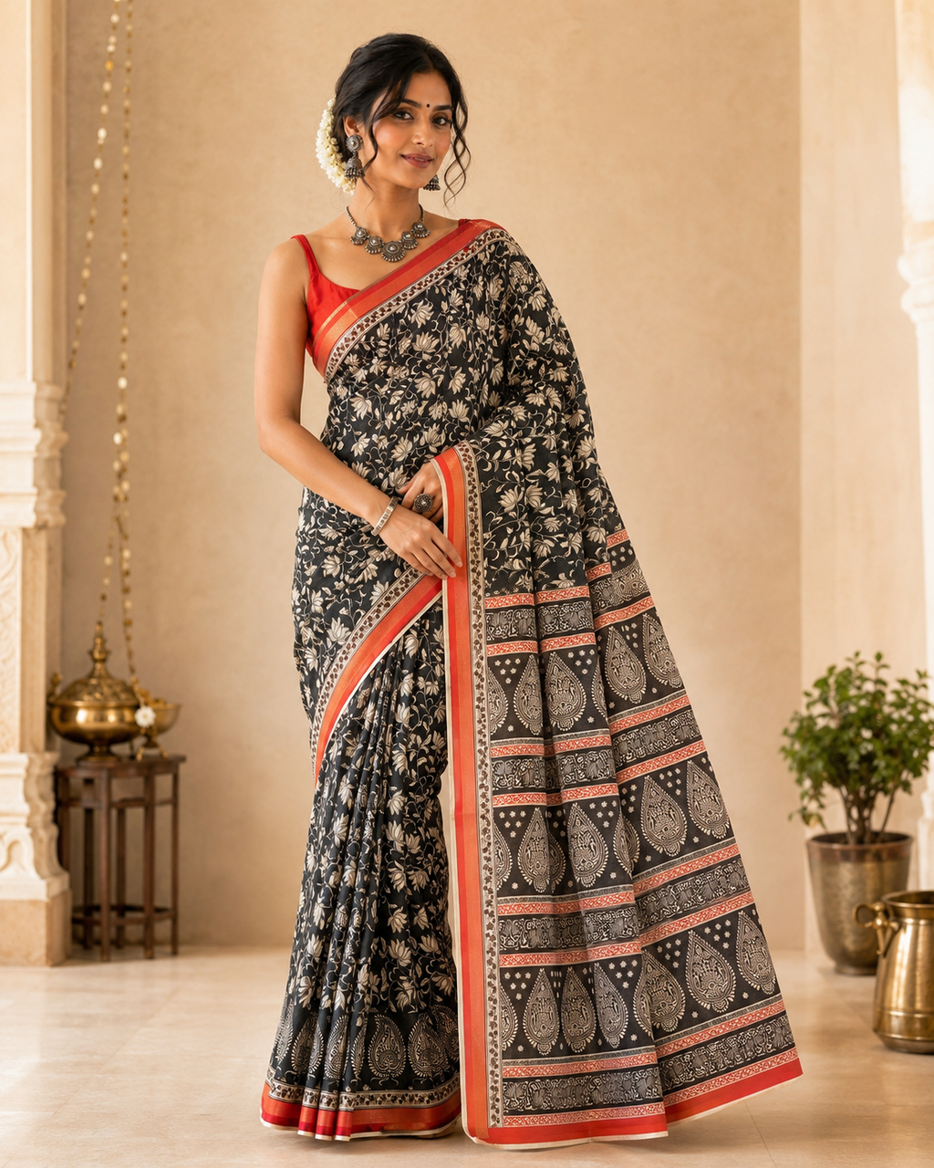 Black Printed Muslin Cotton Saree