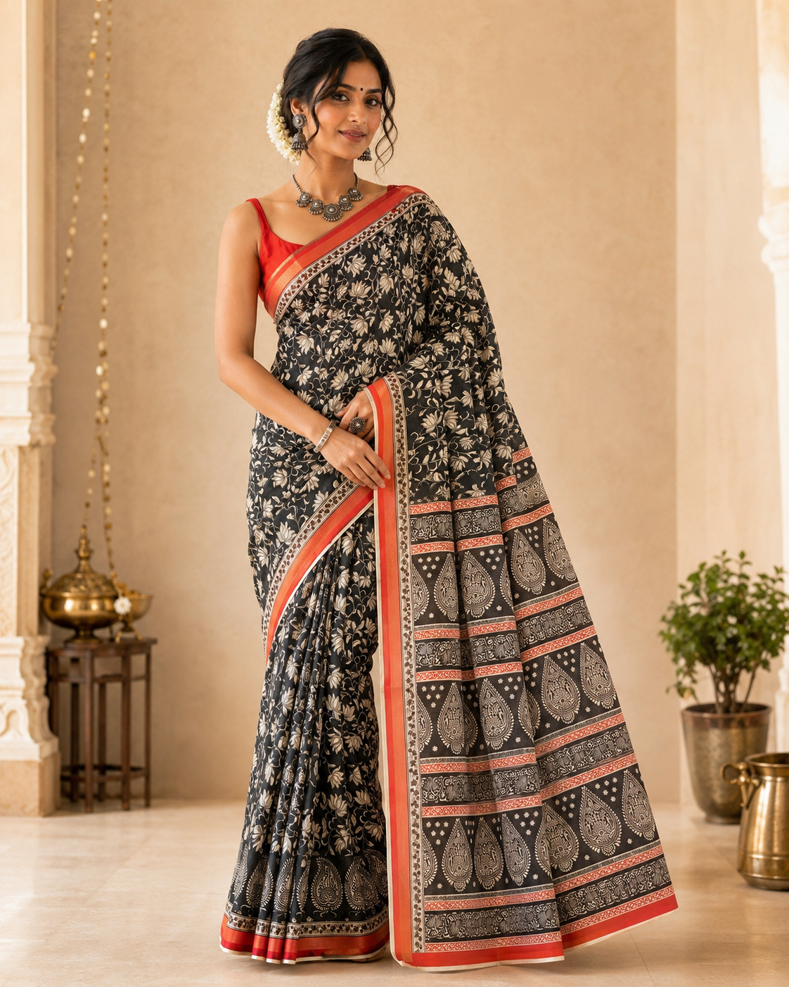 Black Printed Muslin Cotton Saree