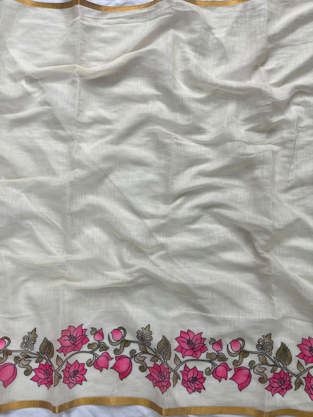 Off-White Lotus Hand-Block Printed Saree with Zari Border