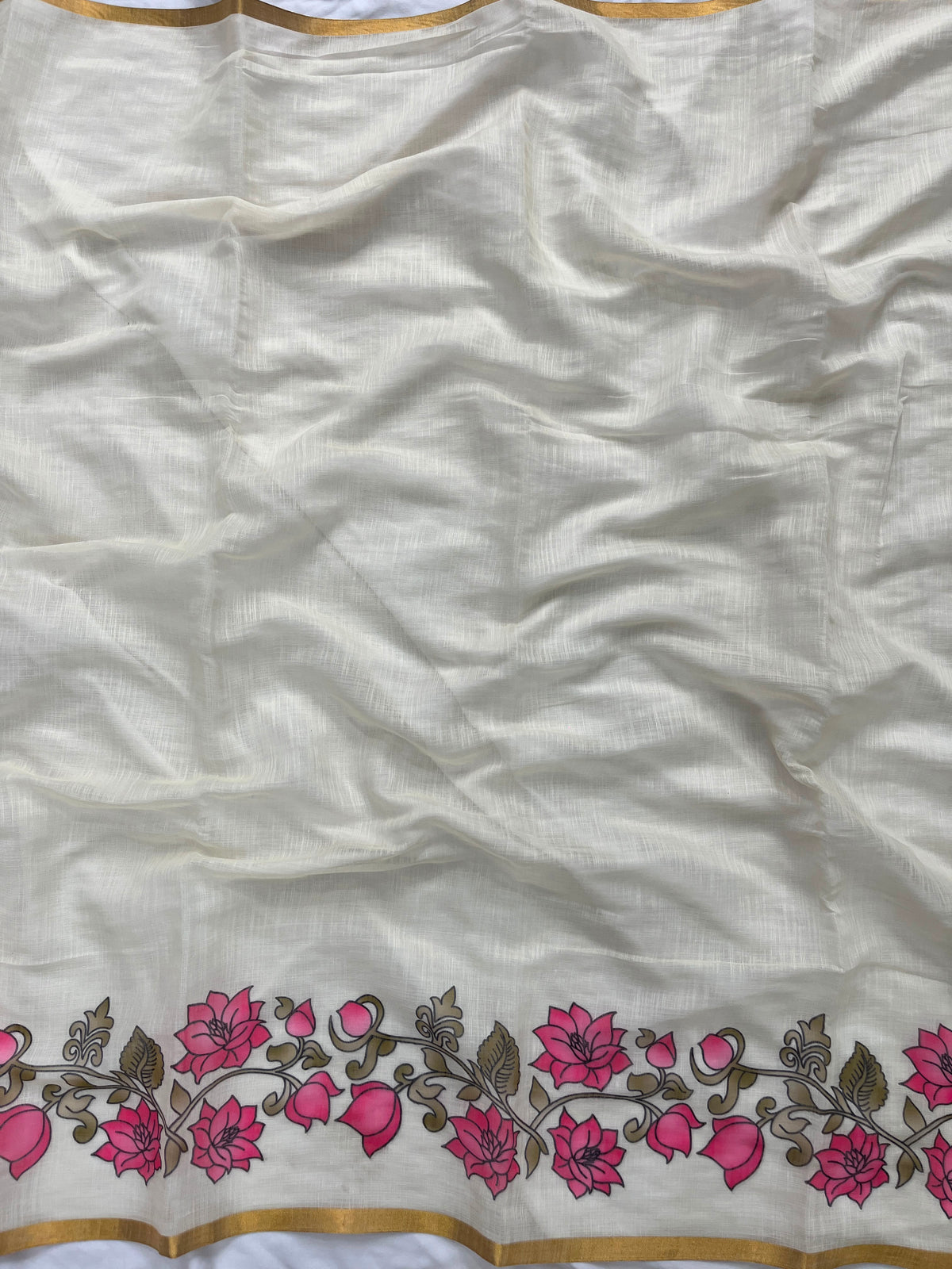 Off-White Lotus Hand-Block Printed Saree with Zari Border