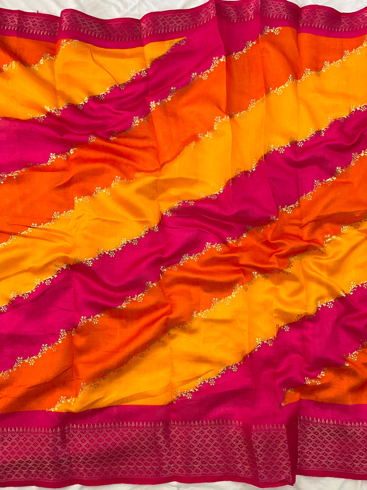 Rani Pink & Sunset Yellow Leheriya Saree with Woven Zari Border