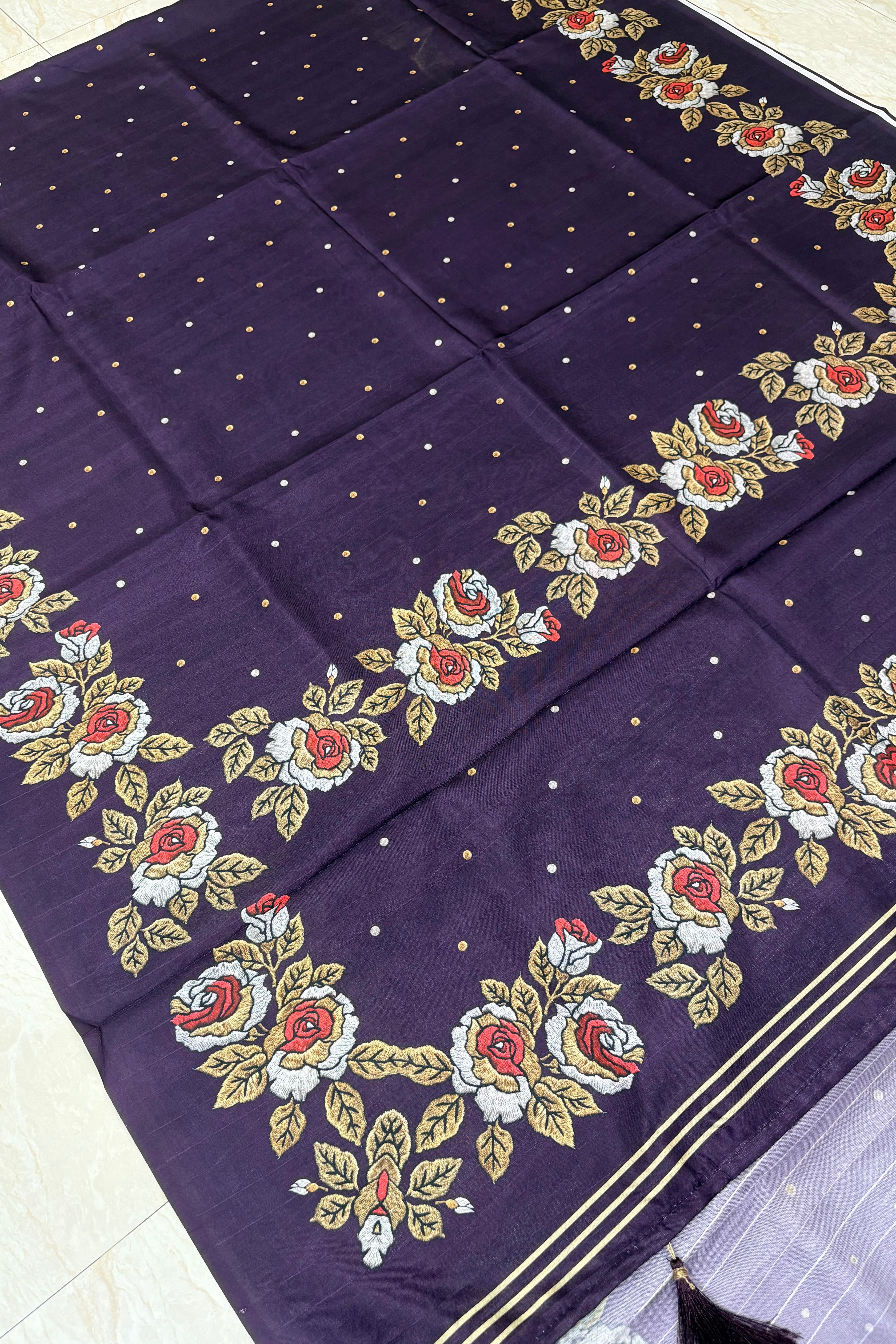 Deep Purple Silk-Blend Saree with Floral Rose Weave & Gold Butti Accent