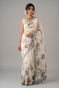Ivory Bloom: Sheer Floral Organza Saree