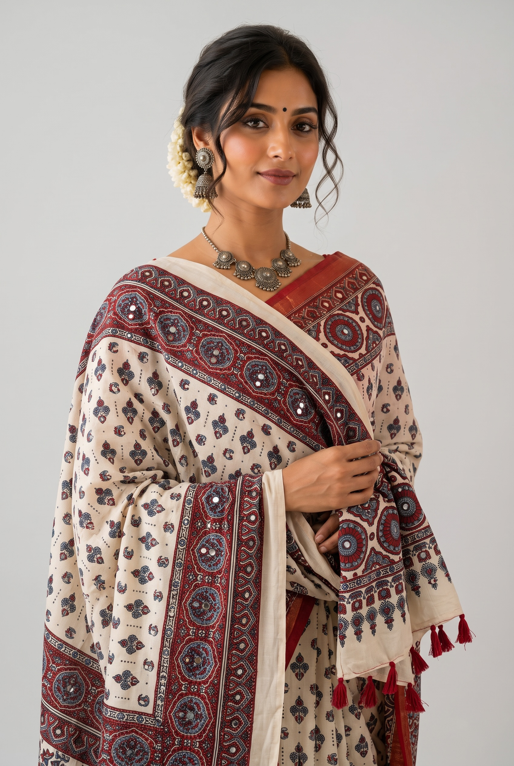 Heritage Charm: Off-White Ajrakh Print Modal Cotton Saree with Mirror Work Accent