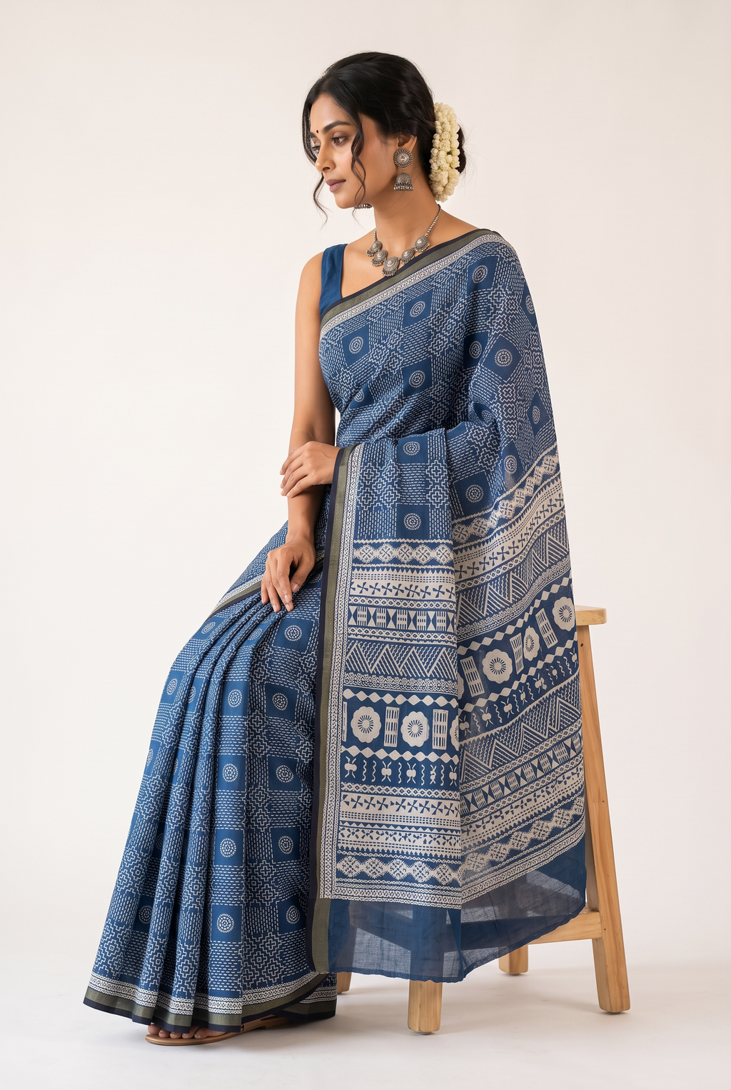 Indigo Blue Ajrakh Block Printed Saree with Zari Border