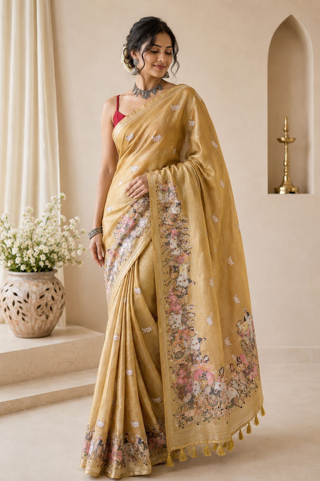 Golden Beige Pichwai Art Tussar Silk Saree