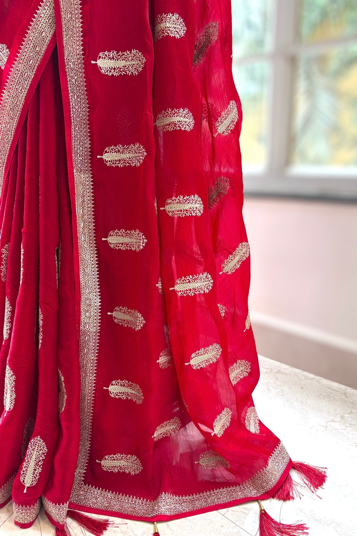 Crimson Red Zari Embroidered Silk Georgette Saree
