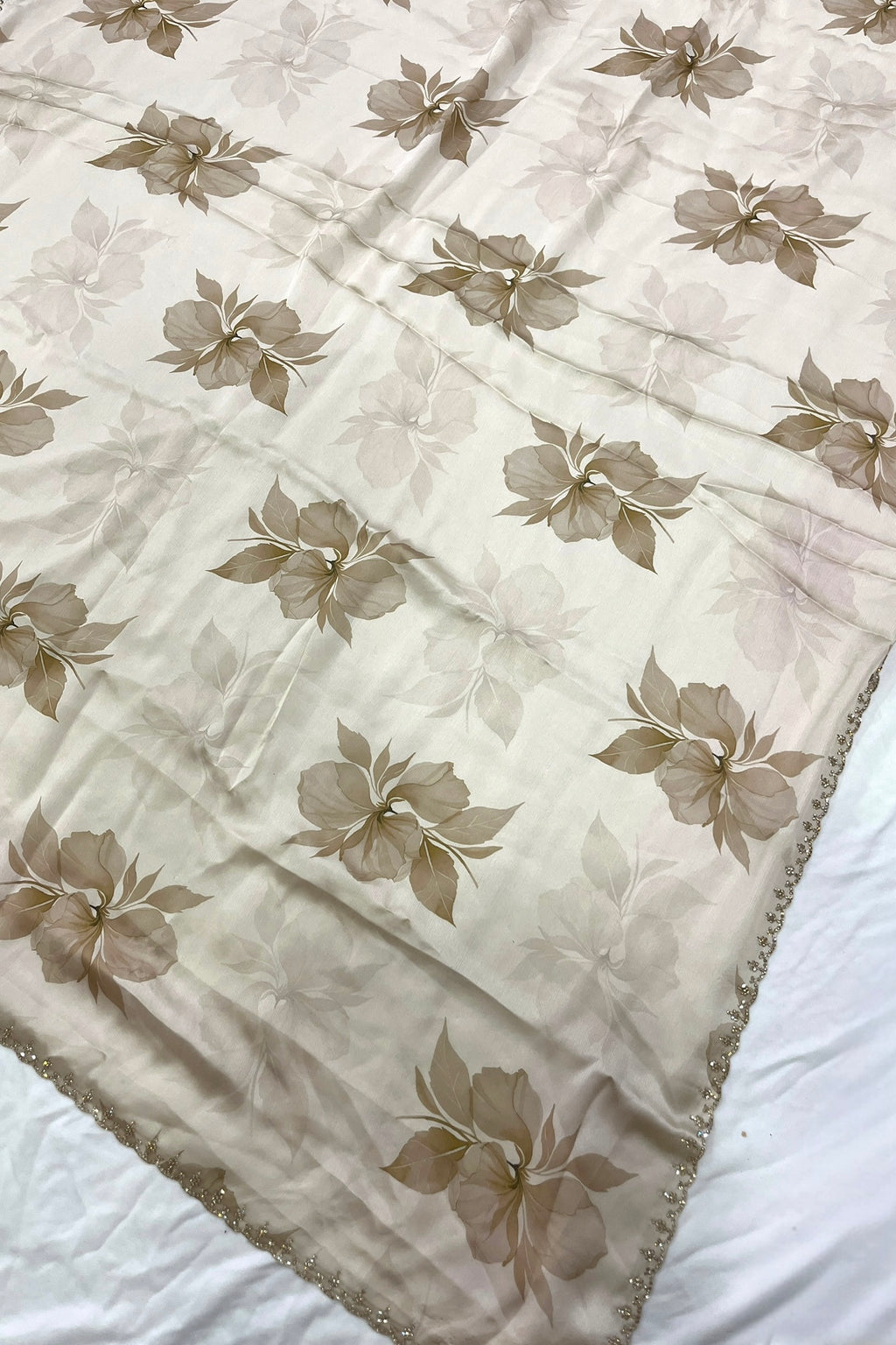 Off-White Floral Print Organza Saree with Embroidered Peacock Blouse
