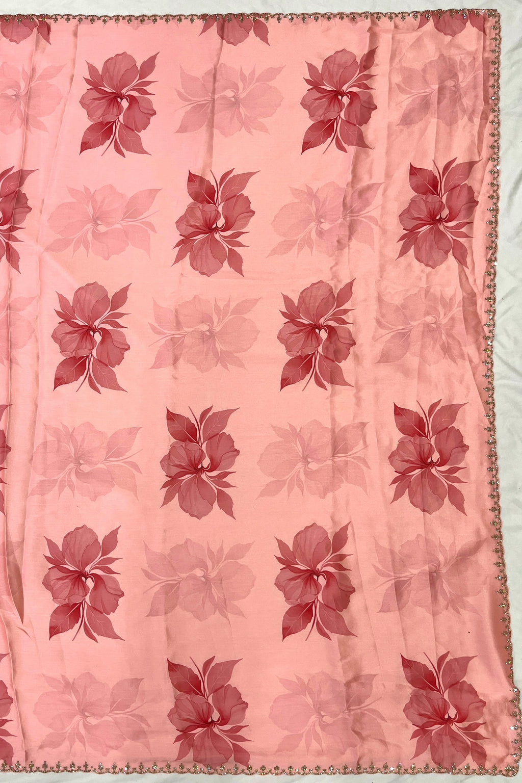 Coral Peach Printed Floral Organza Saree with Embroidered Peacock Blouse