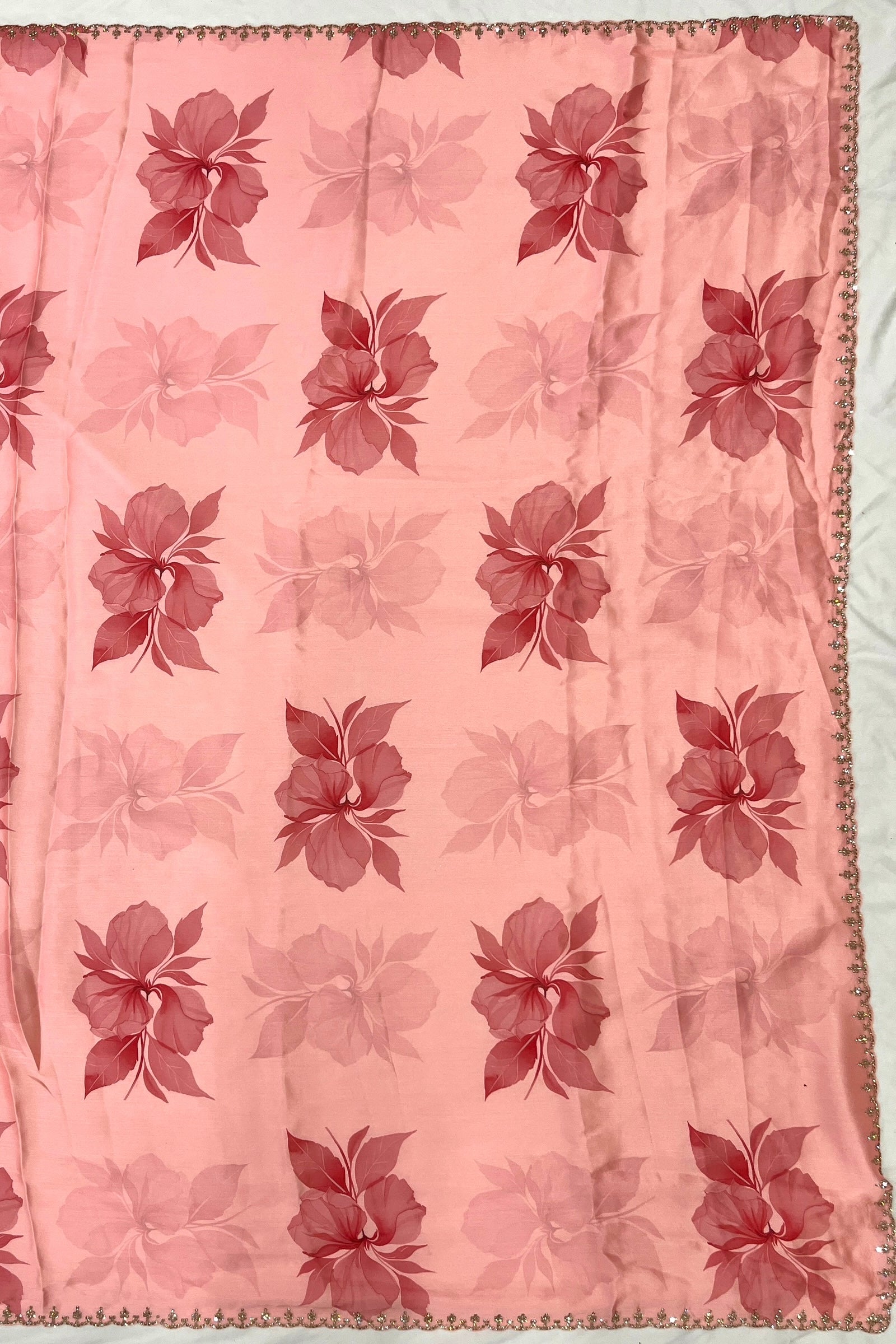 Coral Peach Printed Floral Organza Saree with Embroidered Peacock Blouse