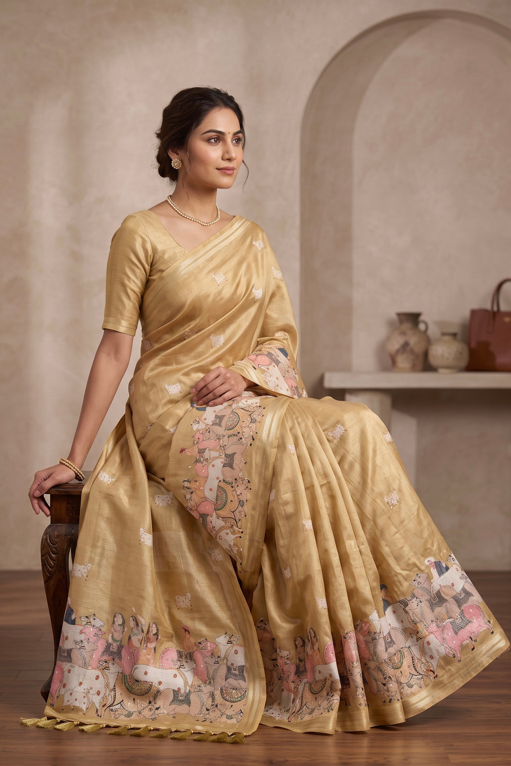 Golden Beige Pichwai Art Tussar Silk Saree