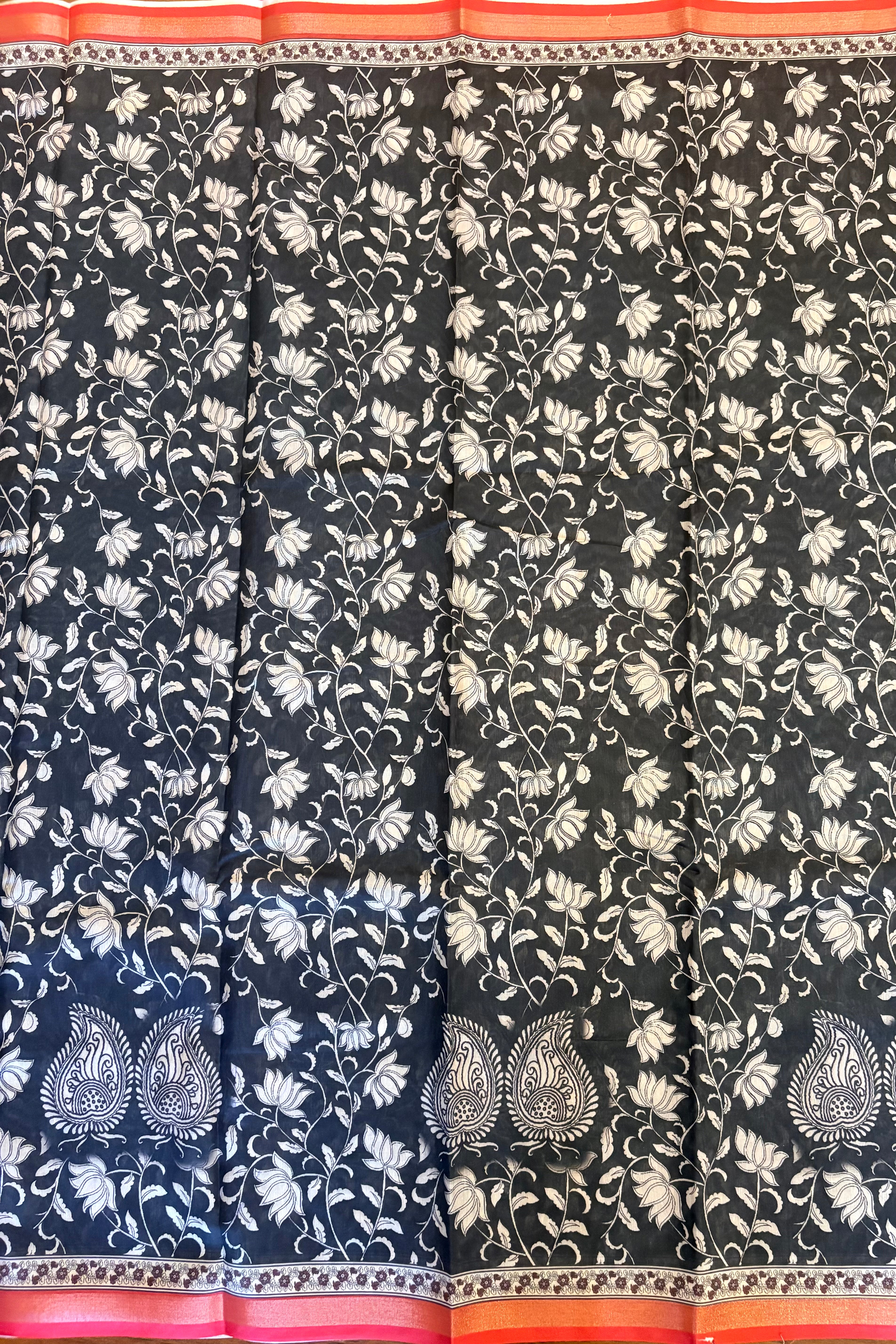 Black Printed Muslin Cotton Saree
