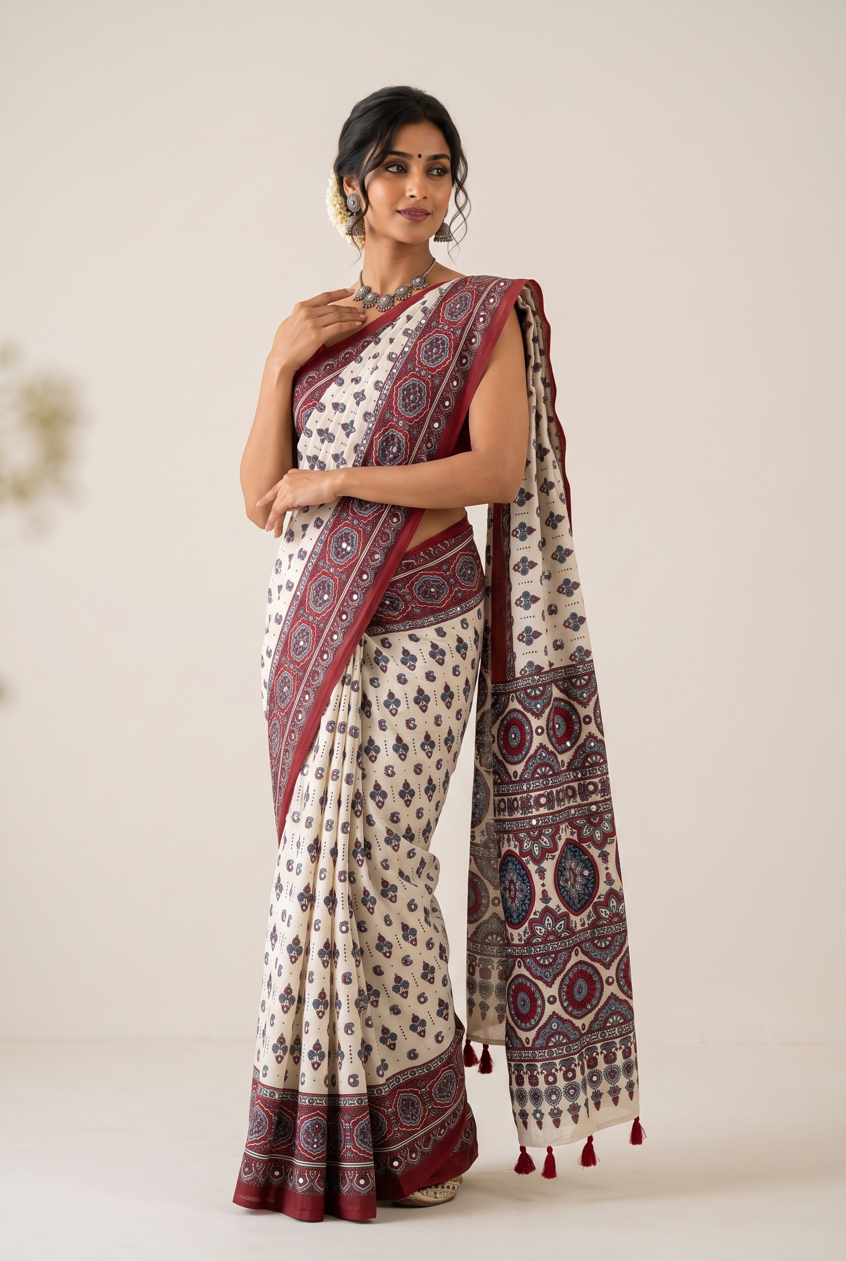 Heritage Charm: Off-White Ajrakh Print Modal Cotton Saree with Mirror Work Accent