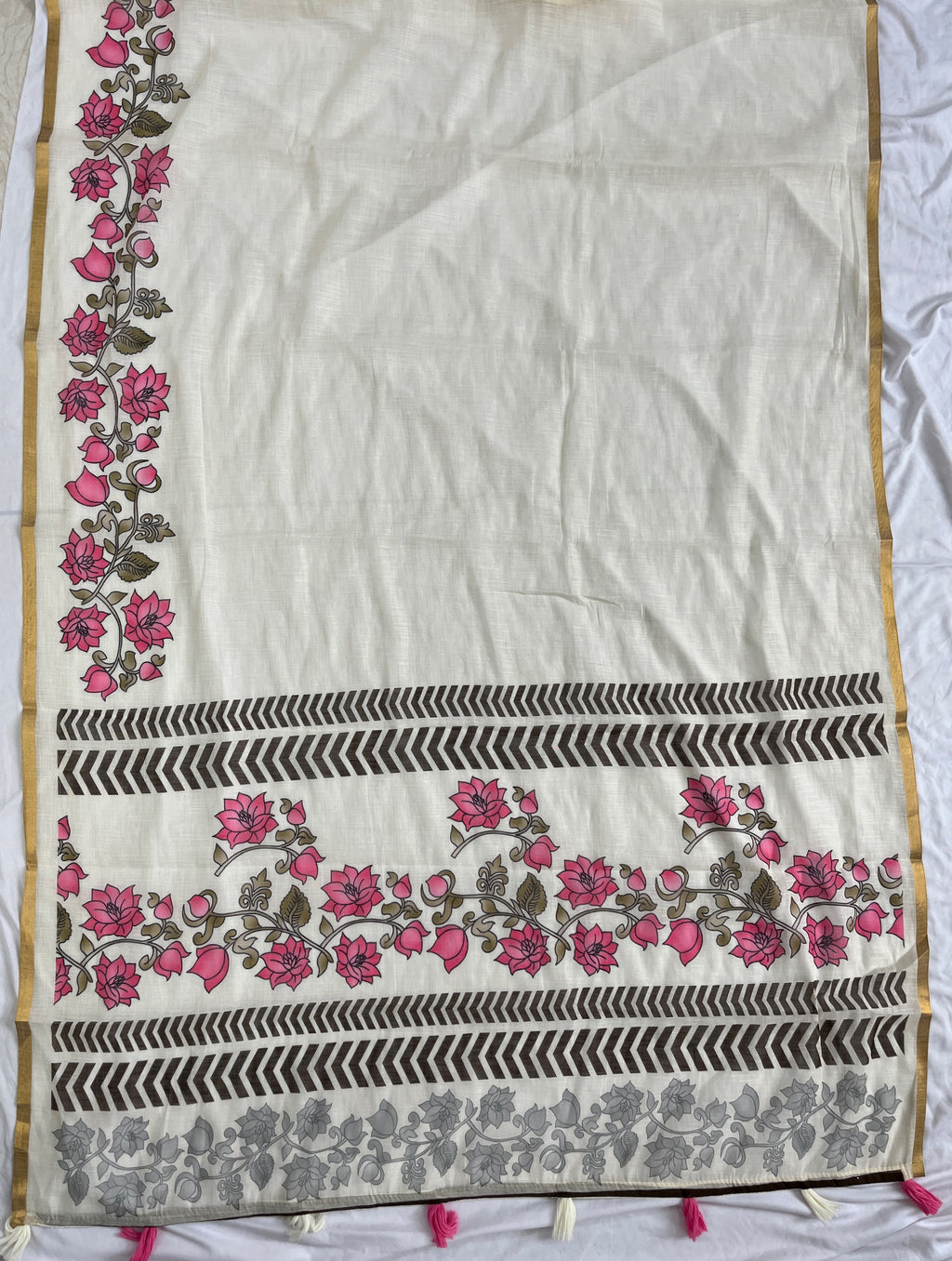 Off-White Lotus Hand-Block Printed Saree with Zari Border