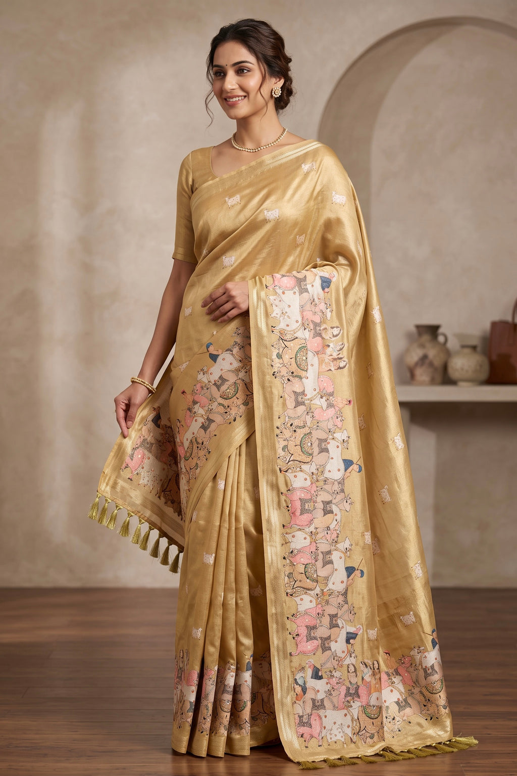 Golden Beige Pichwai Art Tussar Silk Saree