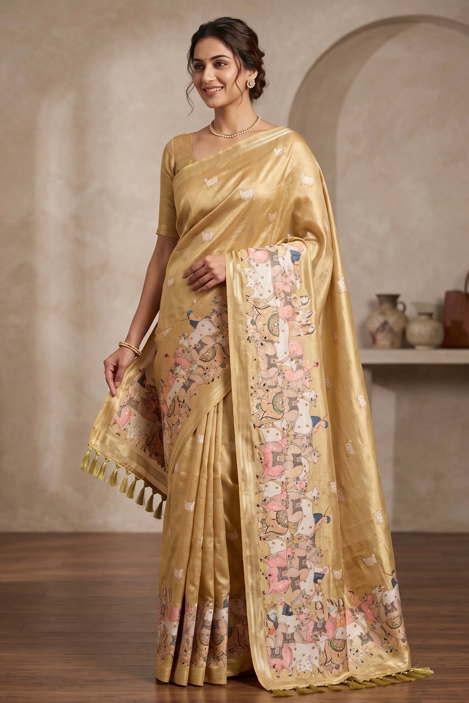 Golden Beige Pichwai Art Tussar Silk Saree