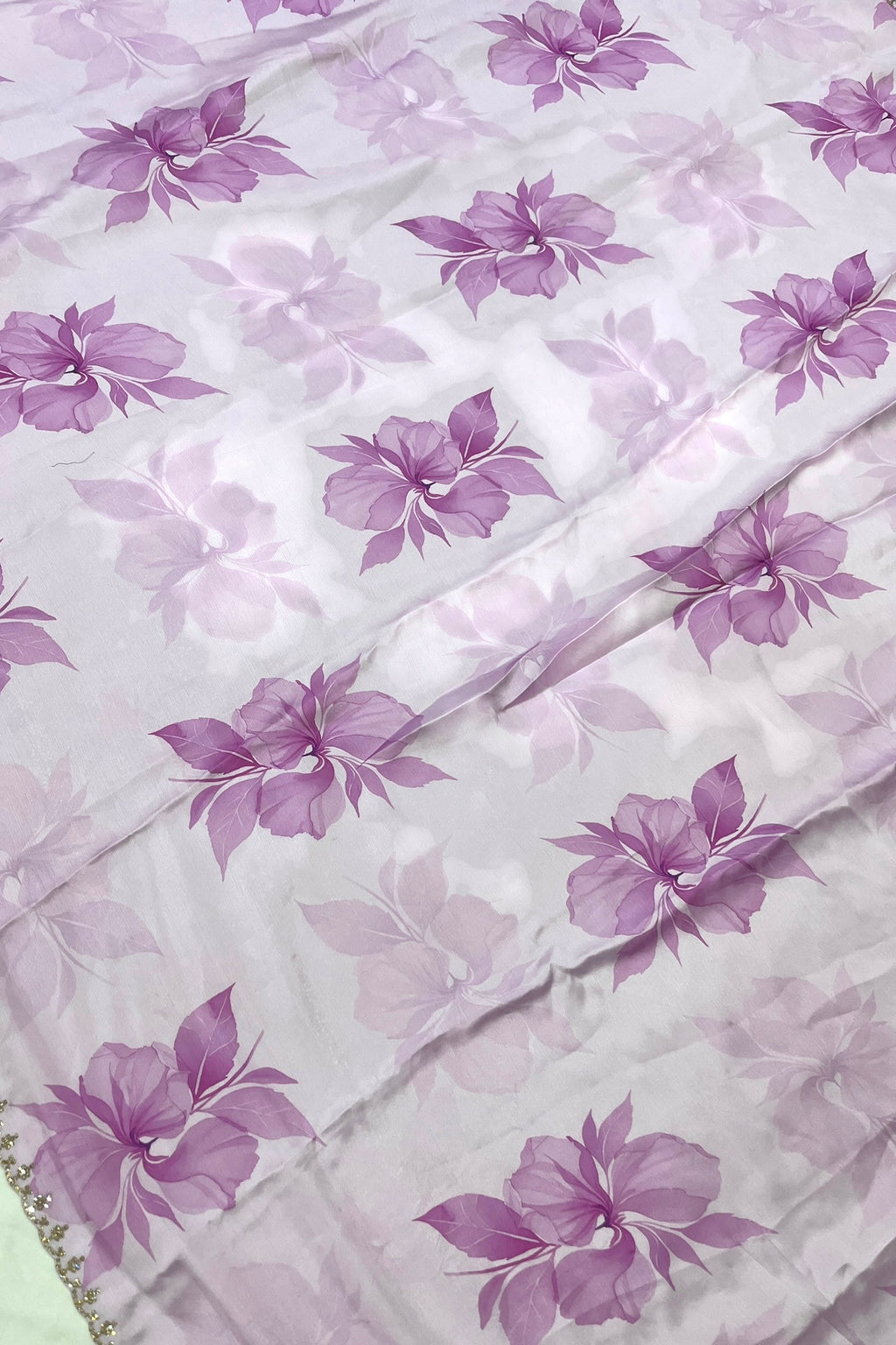 Lilac Floral printed Organza Saree with Embroidered Peacock Blouse