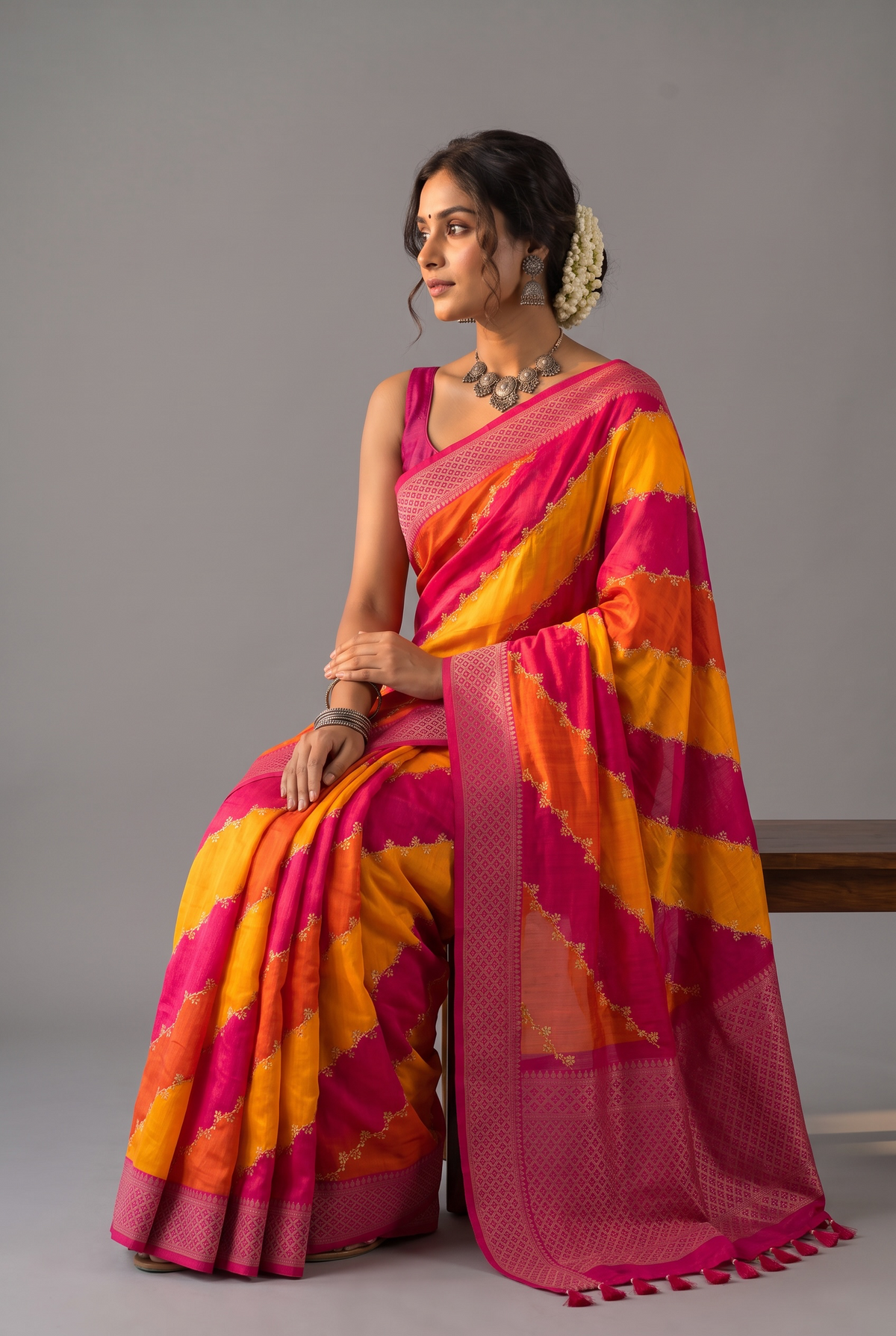 Rani Pink & Sunset Yellow Leheriya Saree with Woven Zari Border