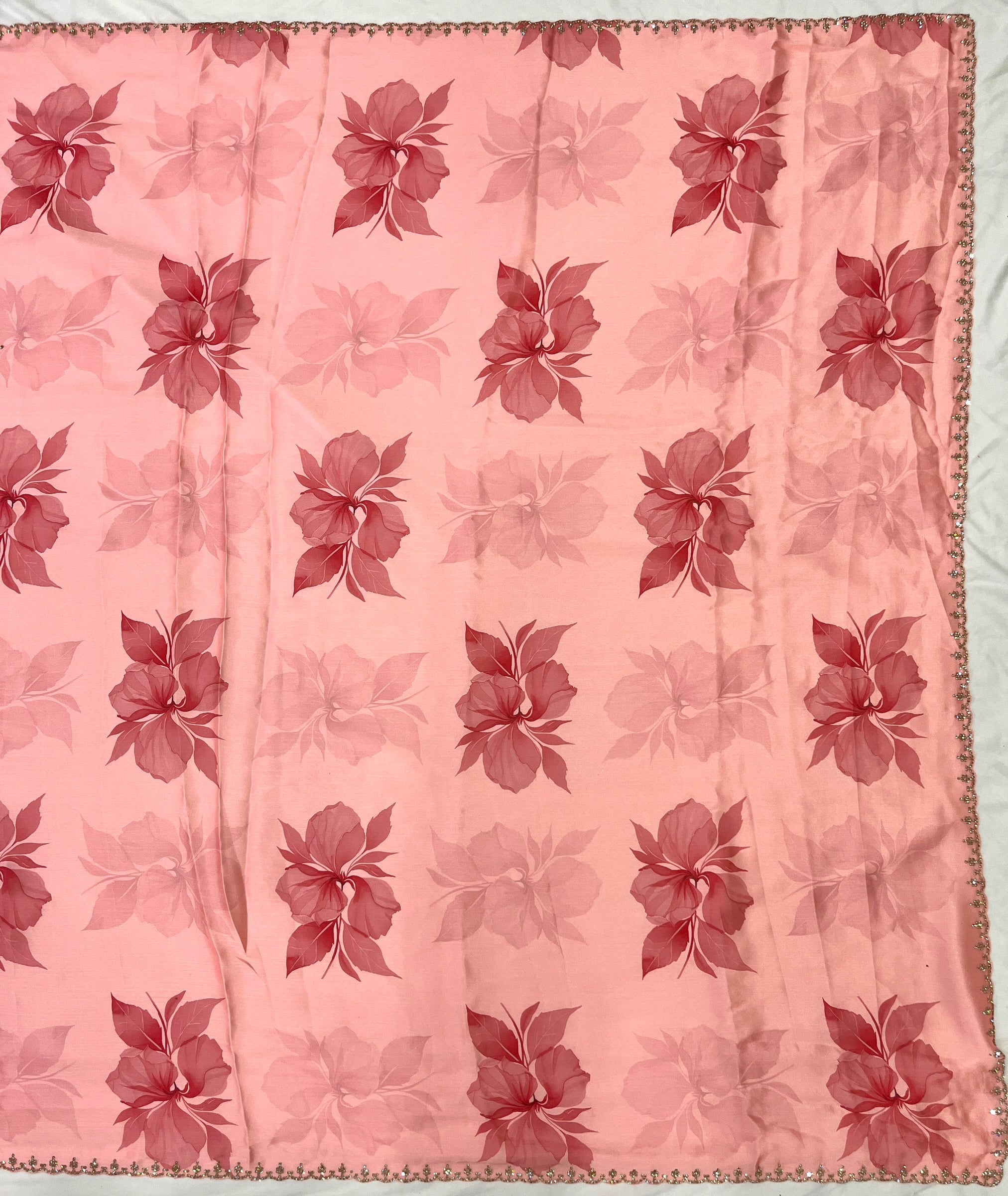 Coral Peach Printed Floral Organza Saree with Embroidered Peacock Blouse