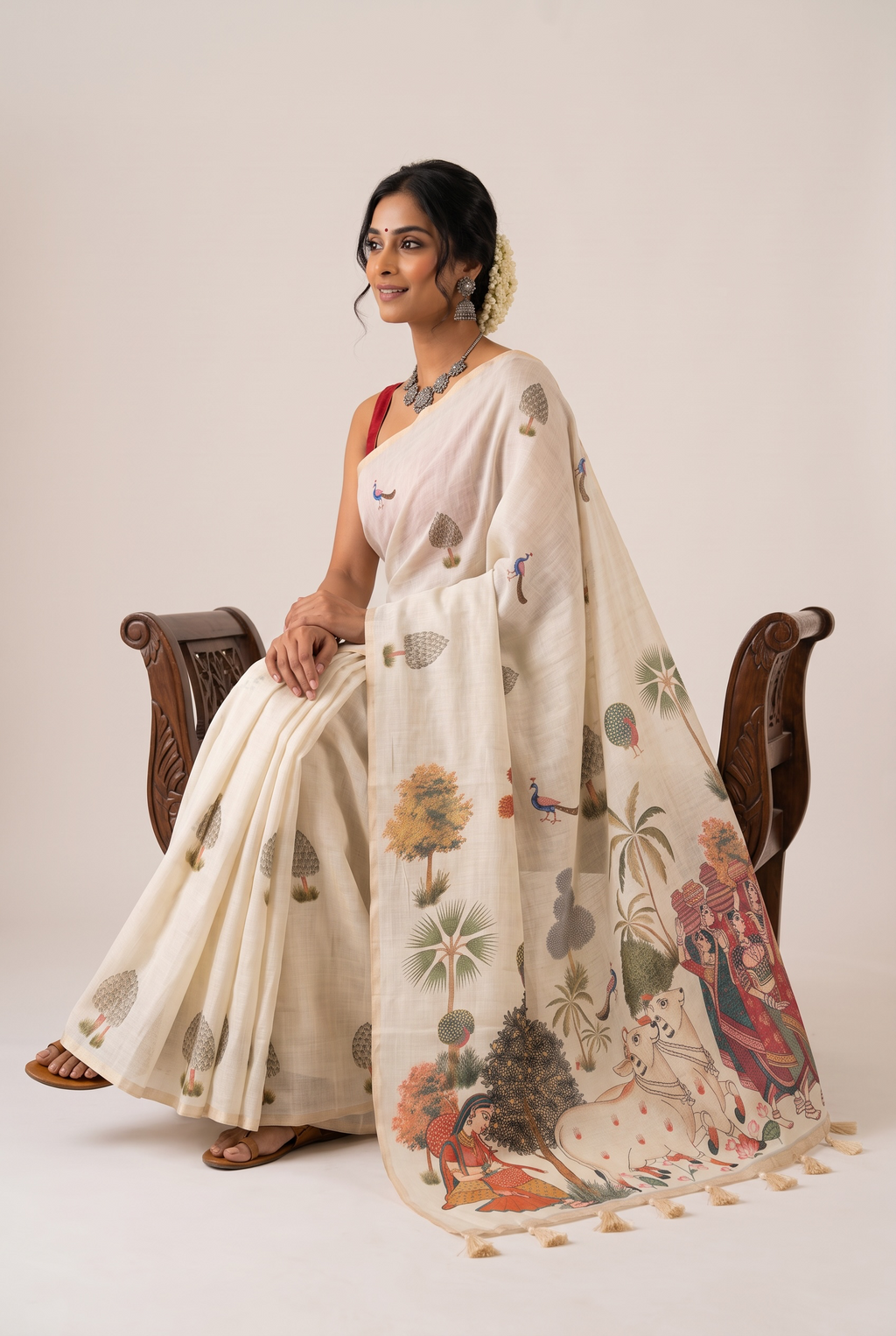 Beige Printed Cotton Linen Saree