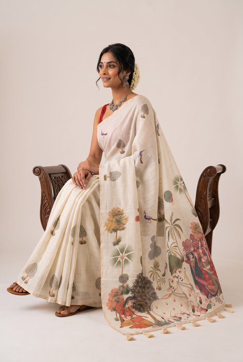 Beige Printed Cotton Linen Saree