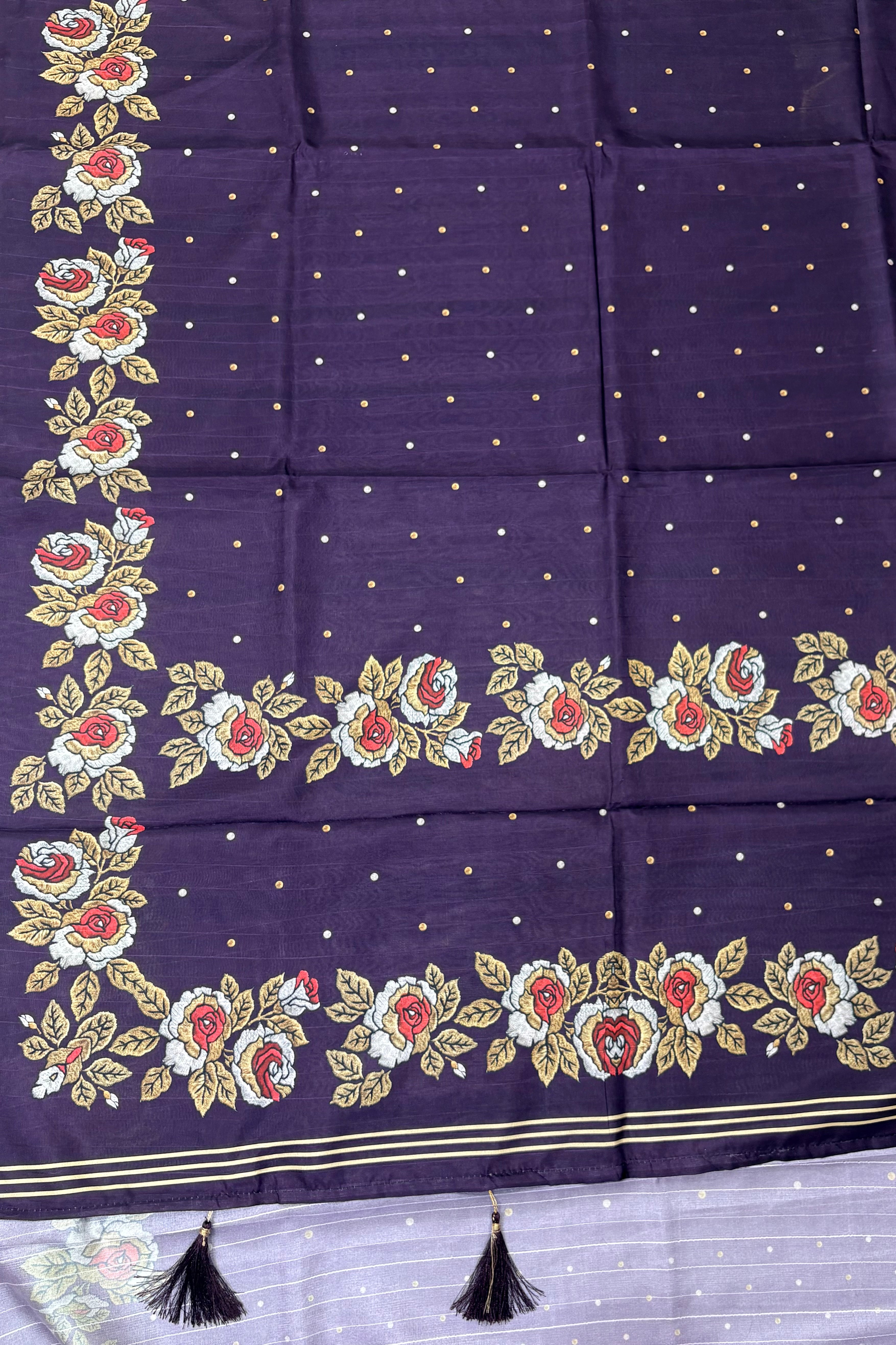 Deep Purple Silk-Blend Saree with Floral Rose Weave & Gold Butti Accent