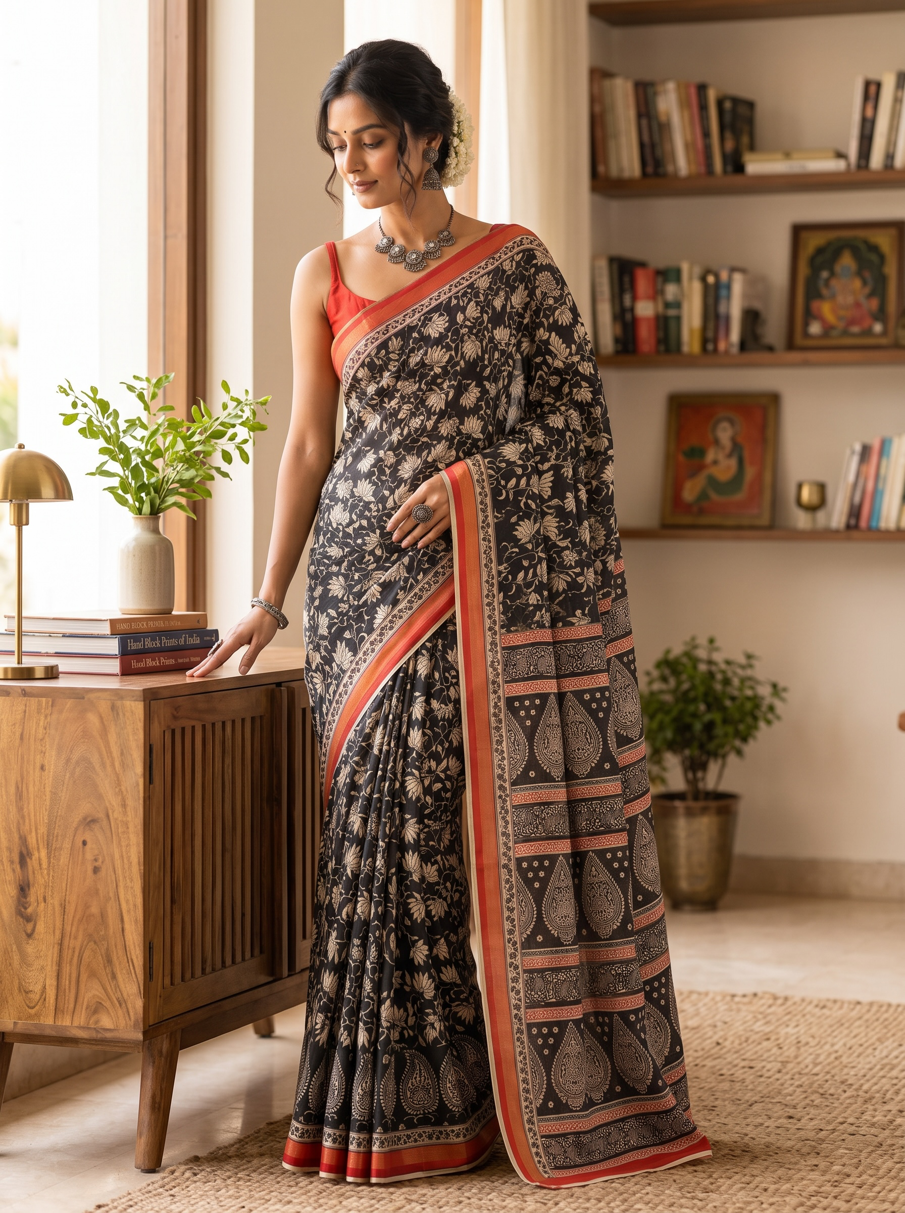 Black Printed Muslin Cotton Saree