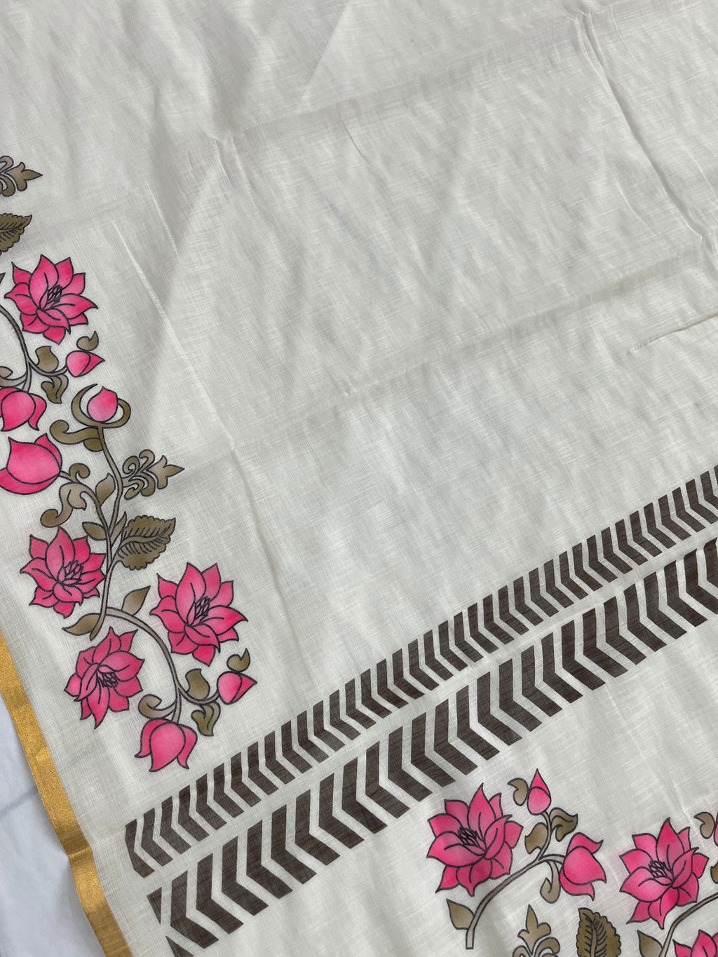 Off-White Lotus Hand-Block Printed Saree with Zari Border