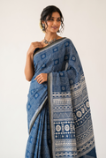 Indigo Blue Ajrakh Block Printed Saree with Zari Border