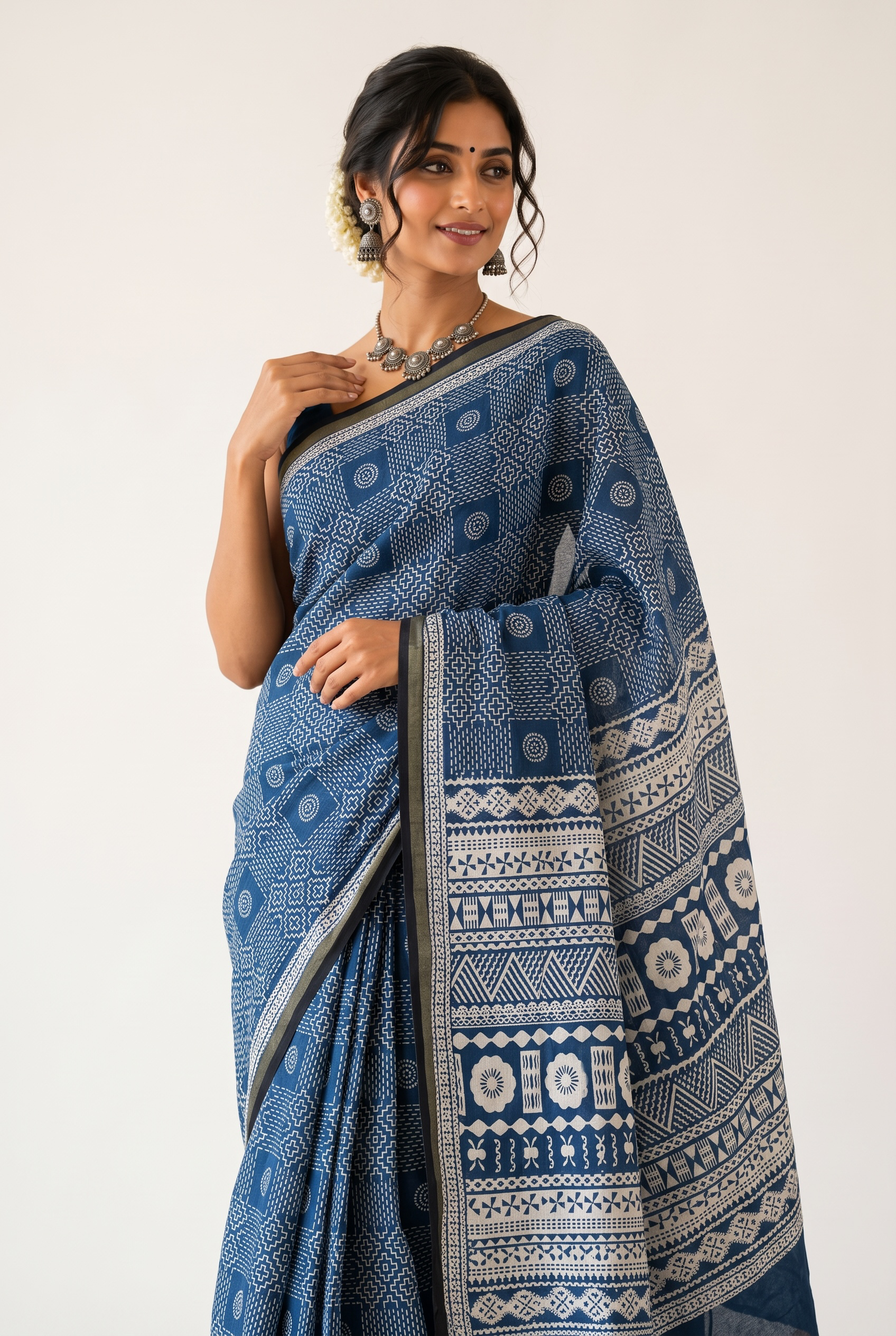 Indigo Blue Ajrakh Block Printed Saree with Zari Border