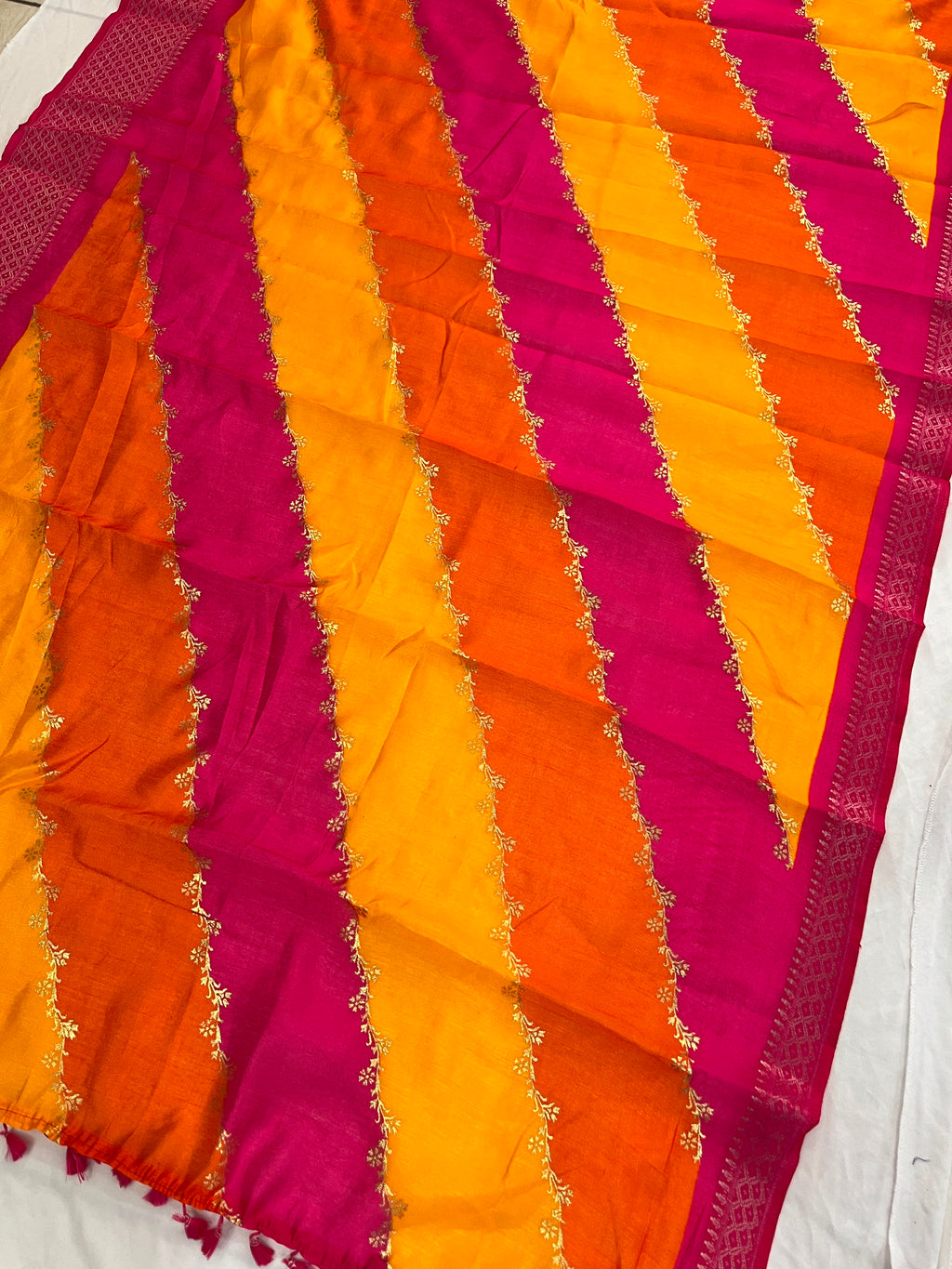 Rani Pink & Sunset Yellow Leheriya Saree with Woven Zari Border