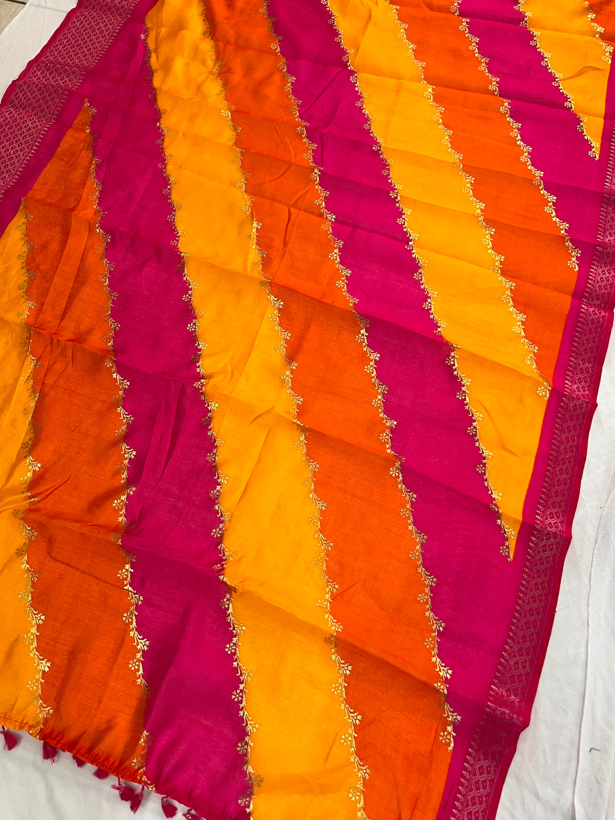 Rani Pink & Sunset Yellow Leheriya Saree with Woven Zari Border