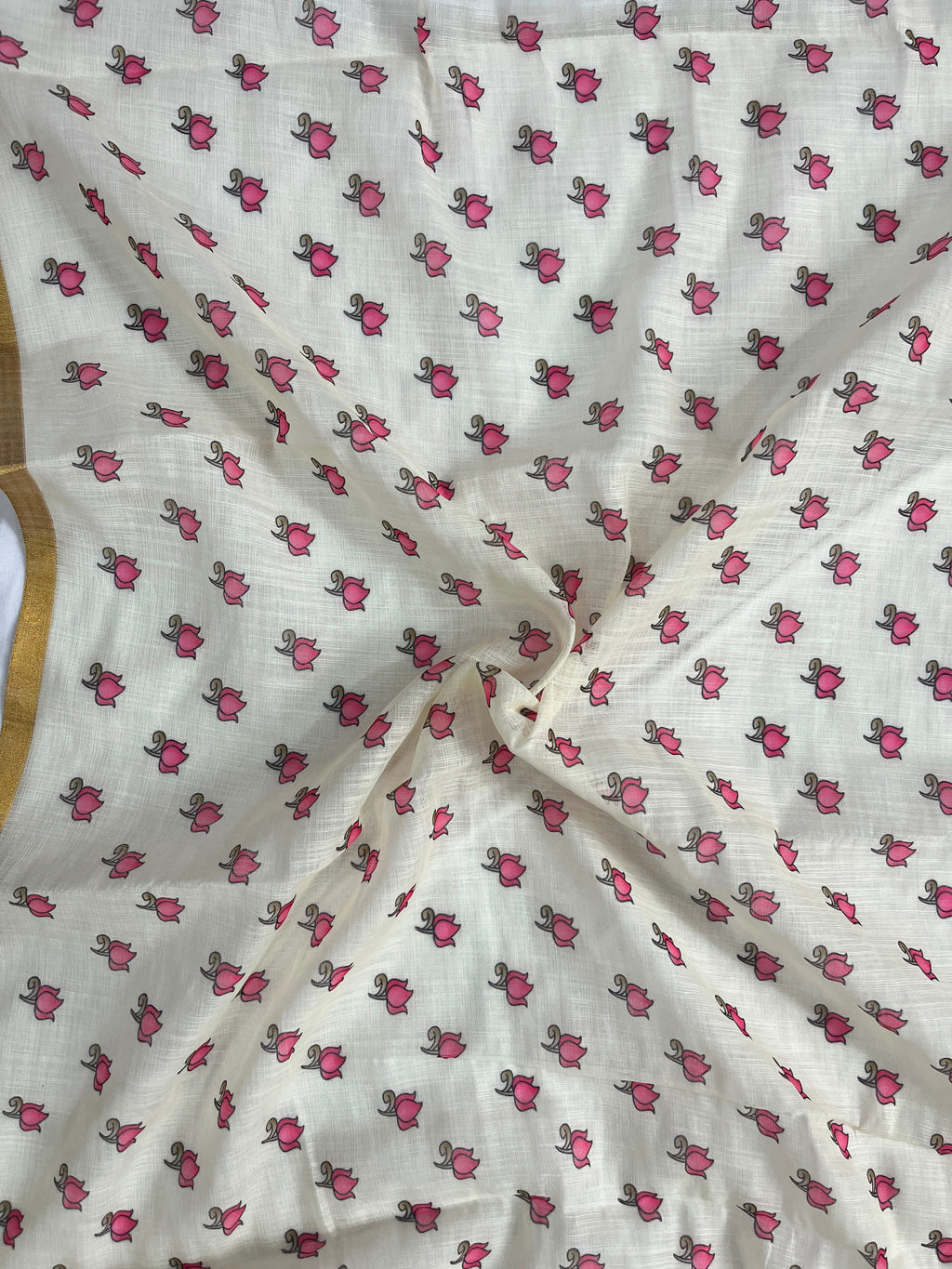 Off-White Lotus Hand-Block Printed Saree with Zari Border