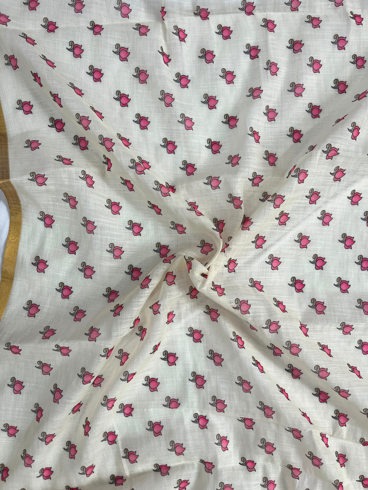 Off-White Lotus Hand-Block Printed Saree with Zari Border