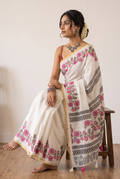 Off-White Lotus Hand-Block Printed Saree with Zari Border