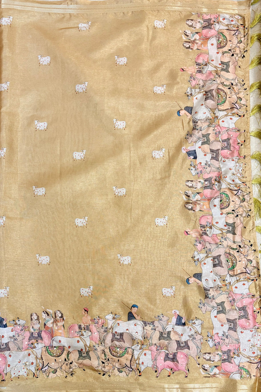 Golden Beige Pichwai Art Tussar Silk Saree
