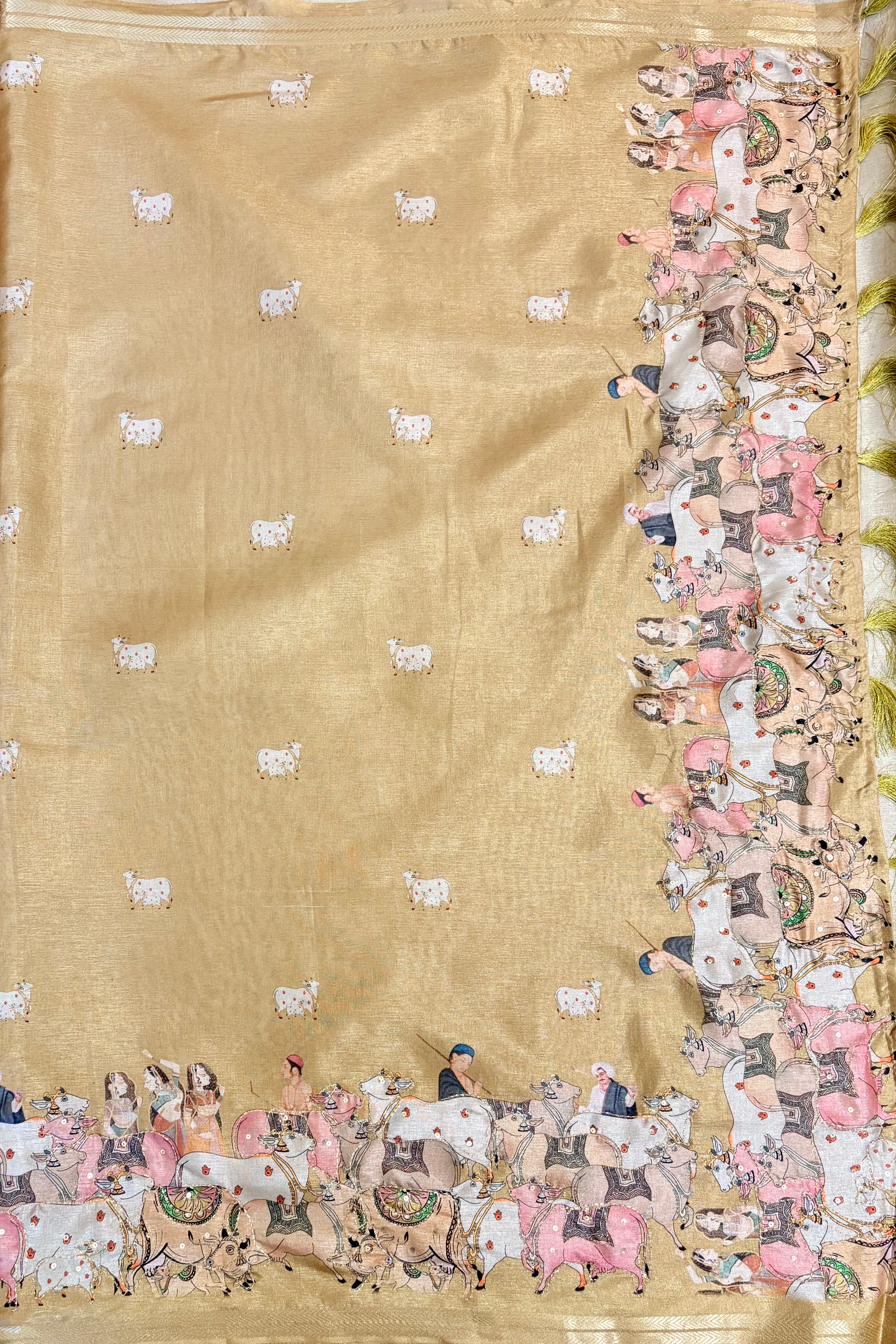 Golden Beige Pichwai Art Tussar Silk Saree