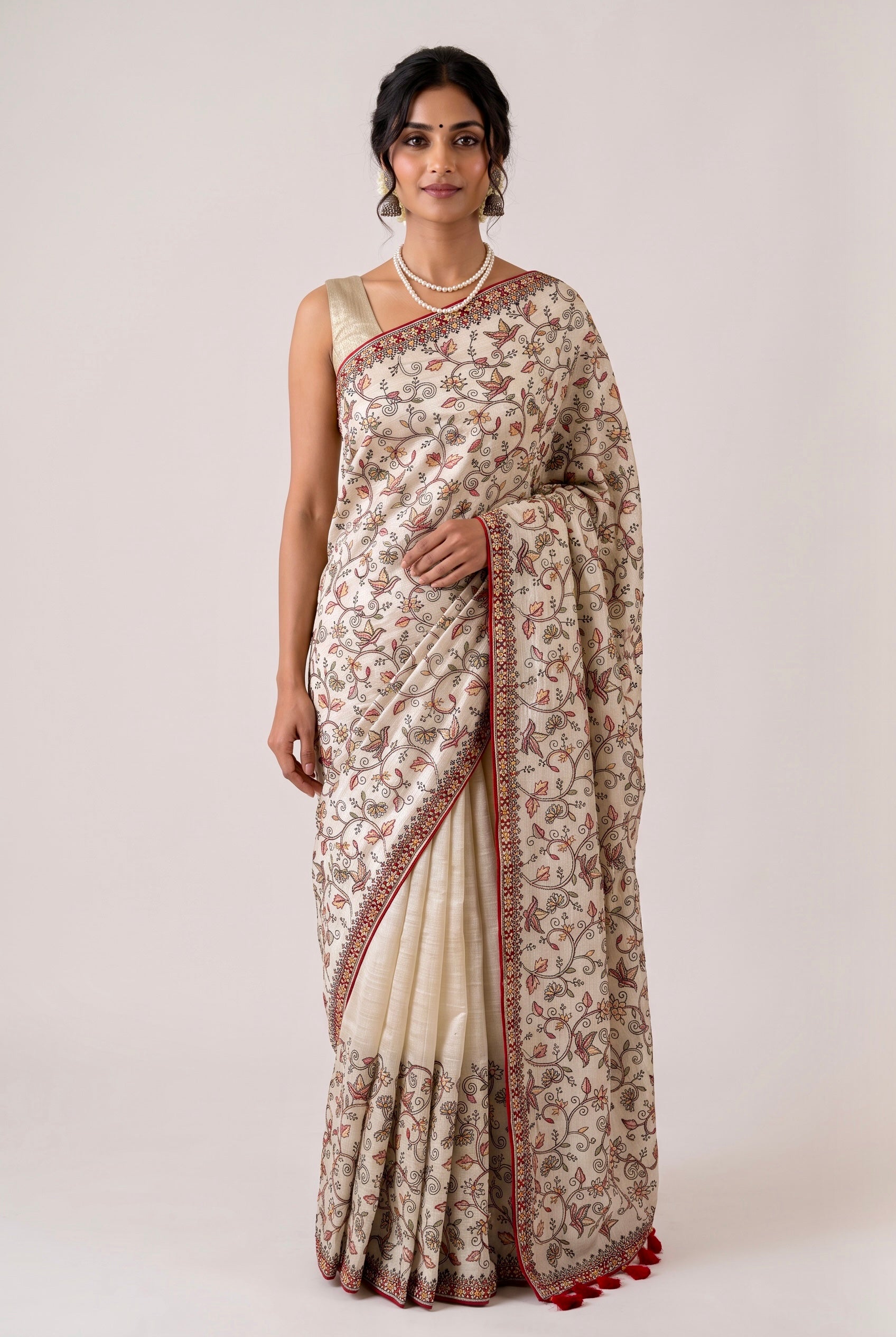 Beige Katha Work Cotton Saree
