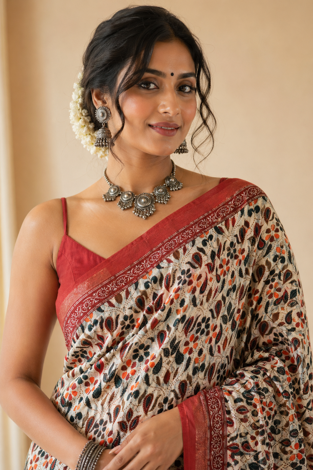 Beige and Rust Kalamkari Printed Cotton Saree