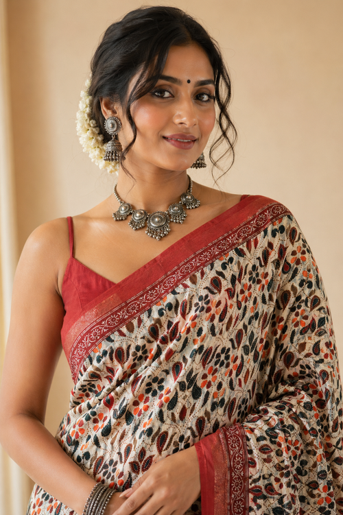Beige and Rust Kalamkari Printed Cotton Saree