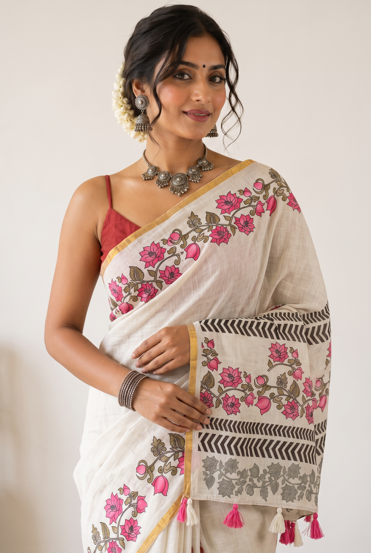 Off-White Lotus Hand-Block Printed Saree with Zari Border