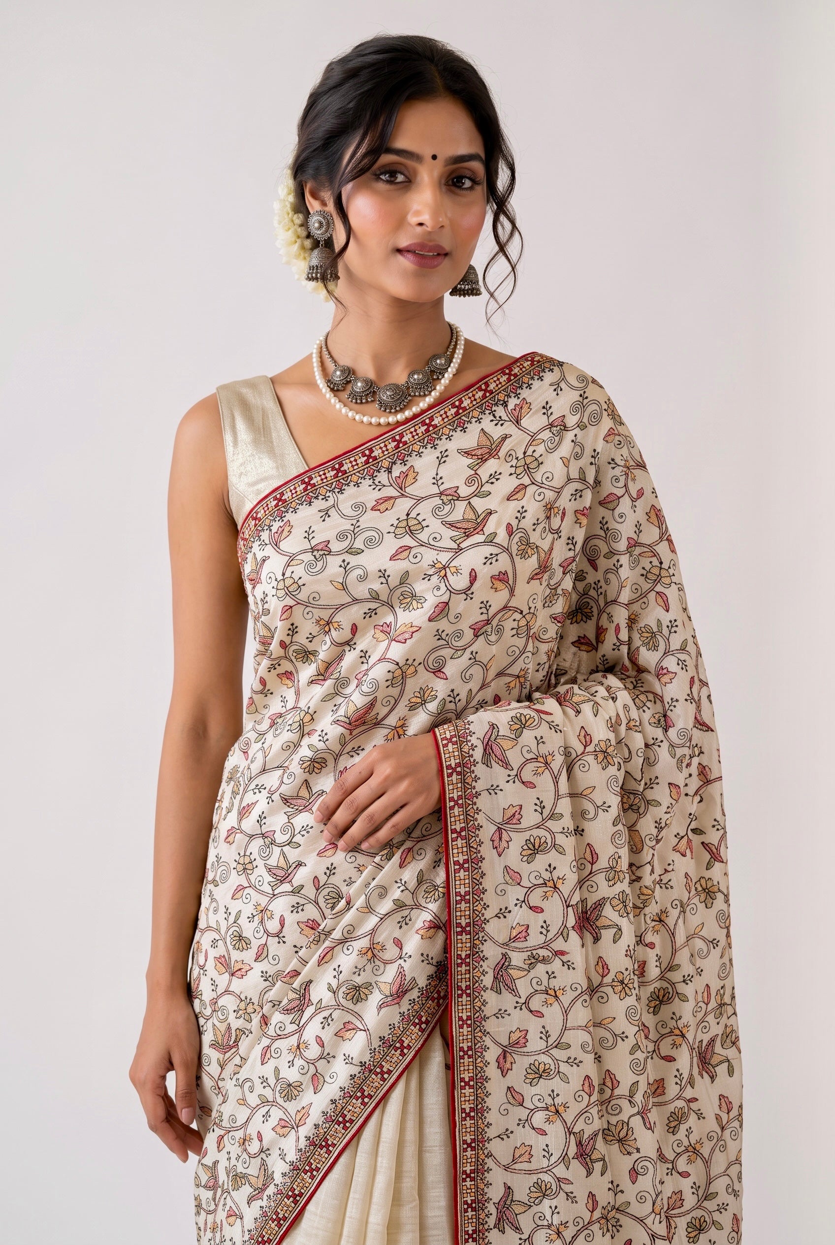 Beige Katha Work Cotton Saree