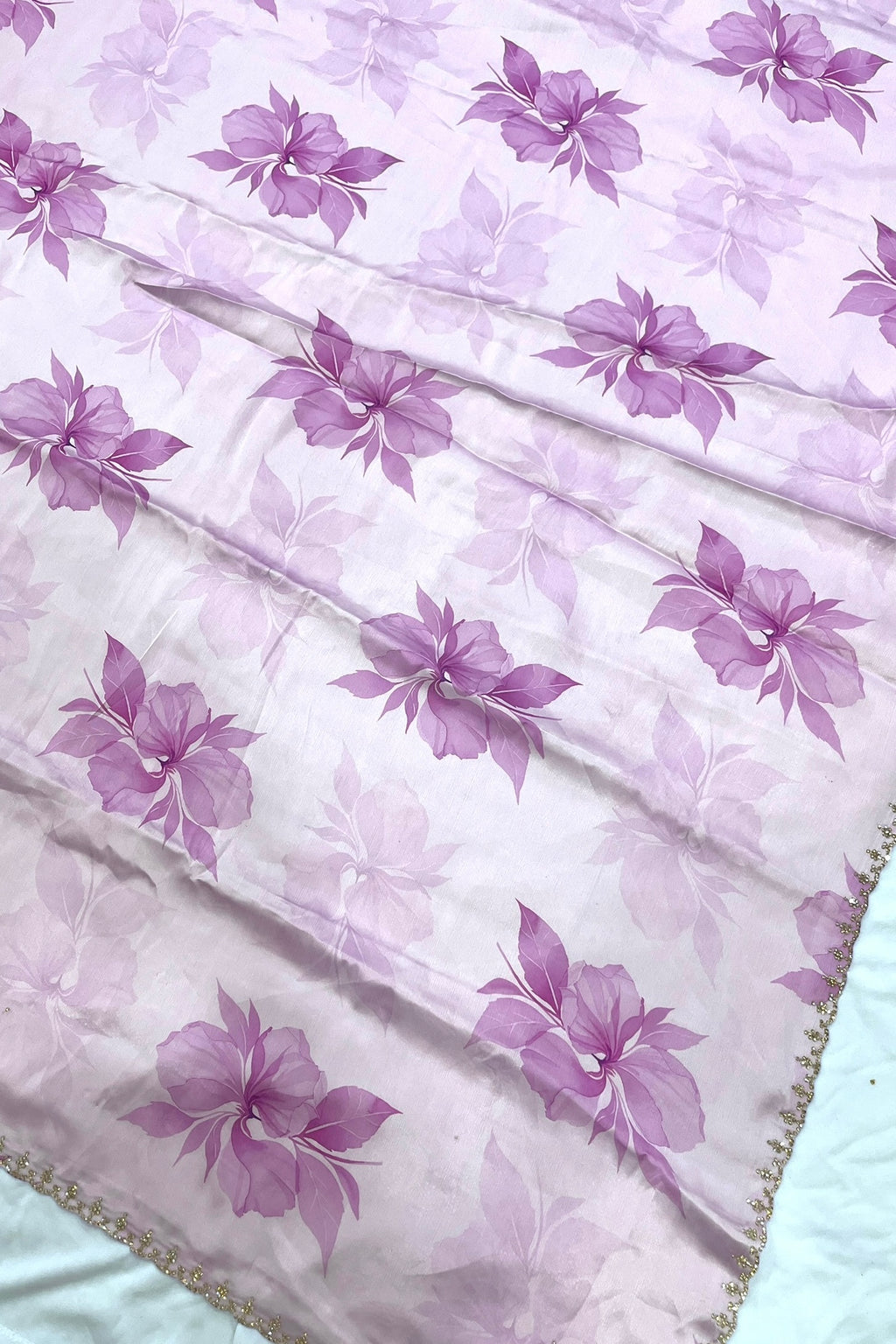 Lilac Floral printed Organza Saree with Embroidered Peacock Blouse