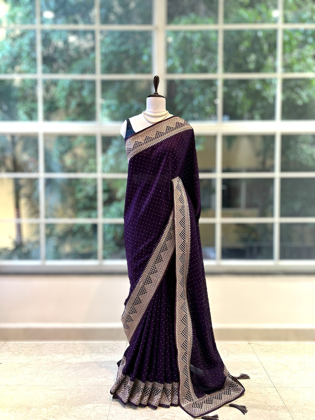 Midnight Plum Embroidered Georgette Saree