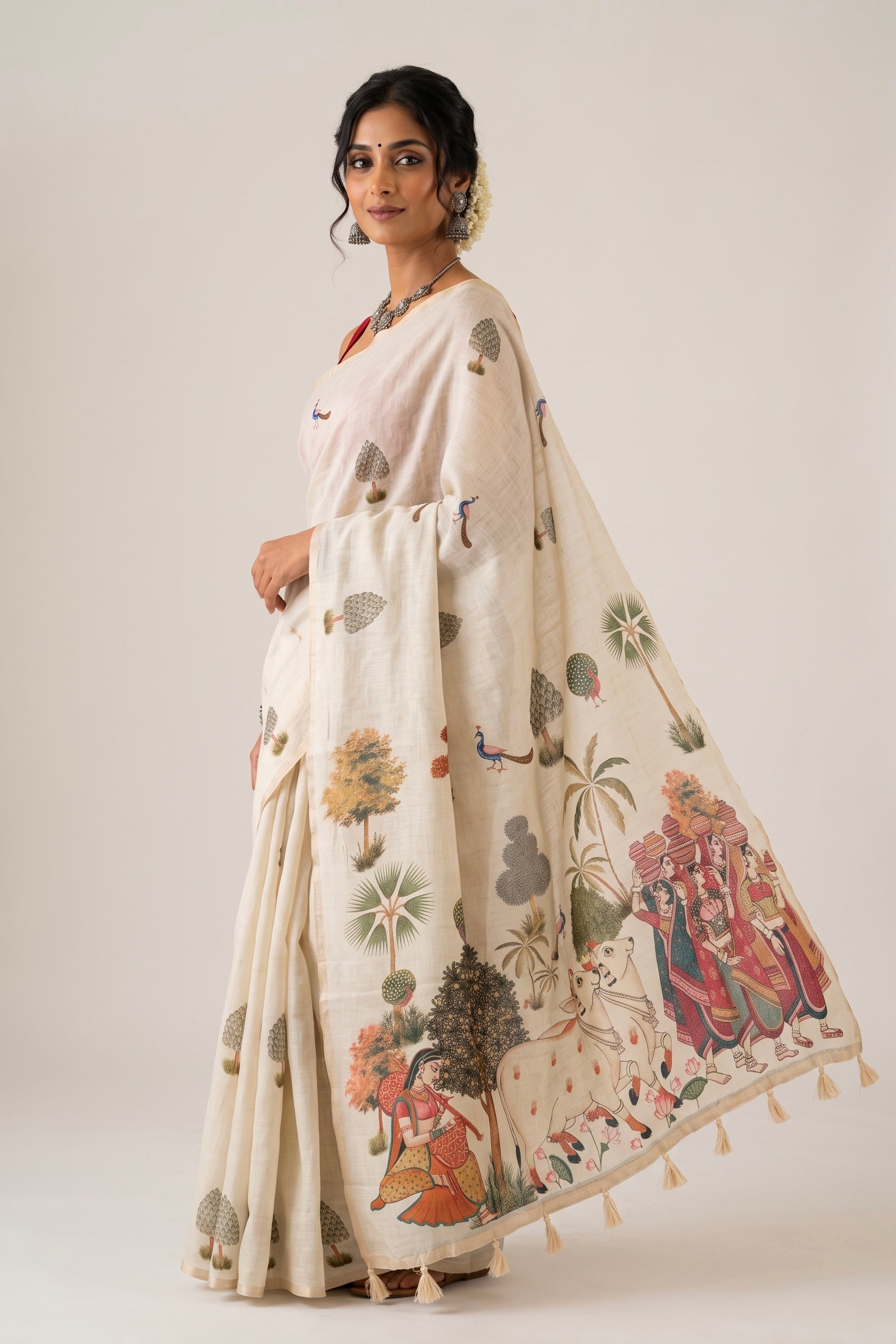 Beige Printed Cotton Linen Saree