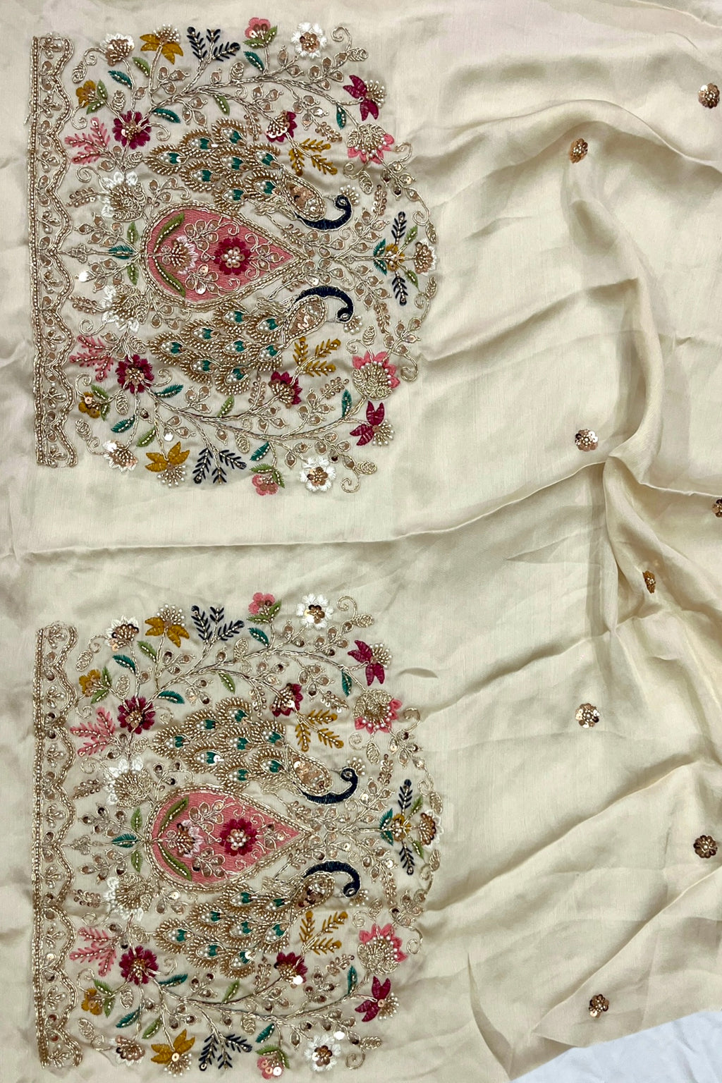Off-White Floral Print Organza Saree with Embroidered Peacock Blouse