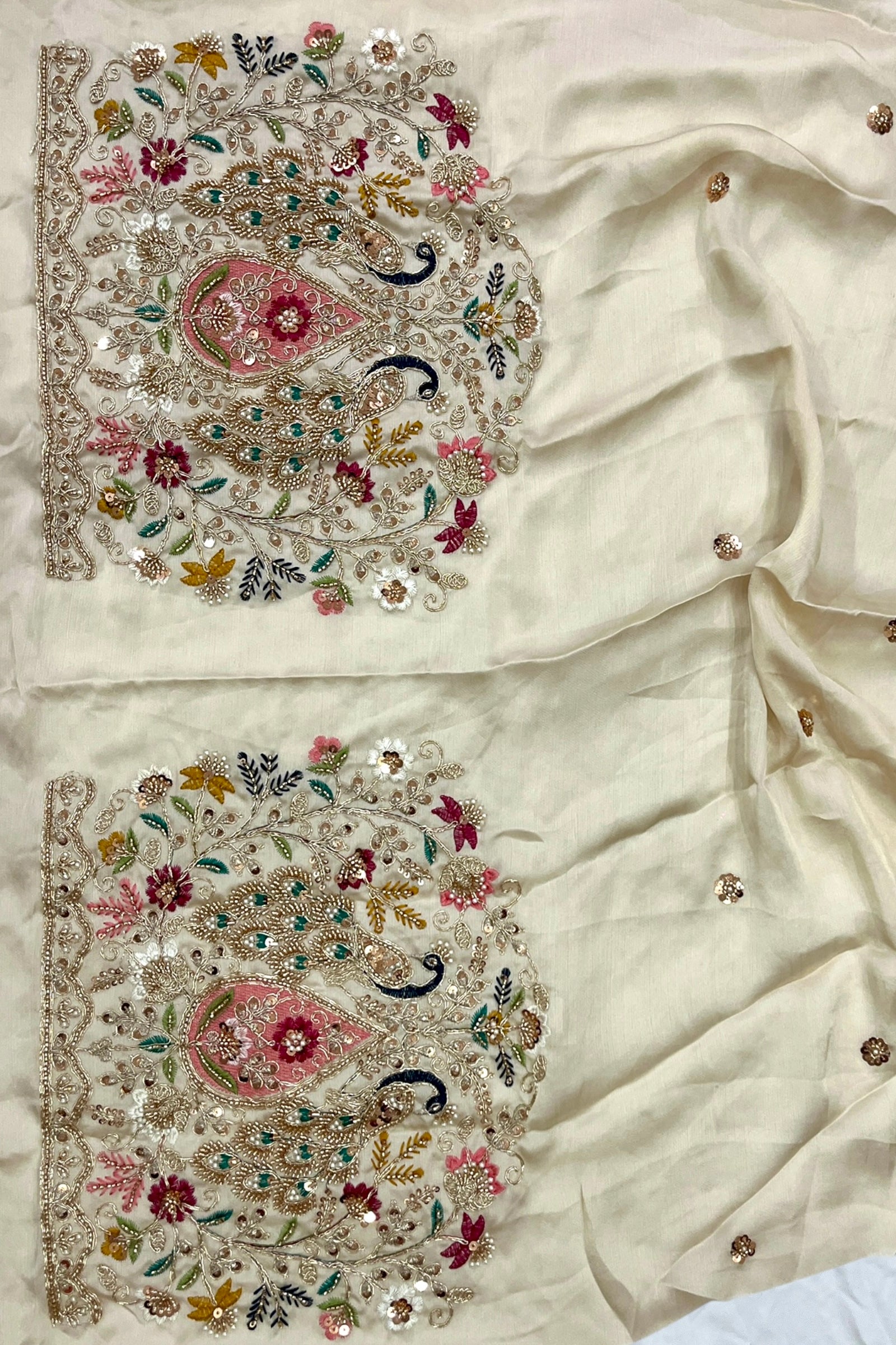 Off-White Floral Print Organza Saree with Embroidered Peacock Blouse