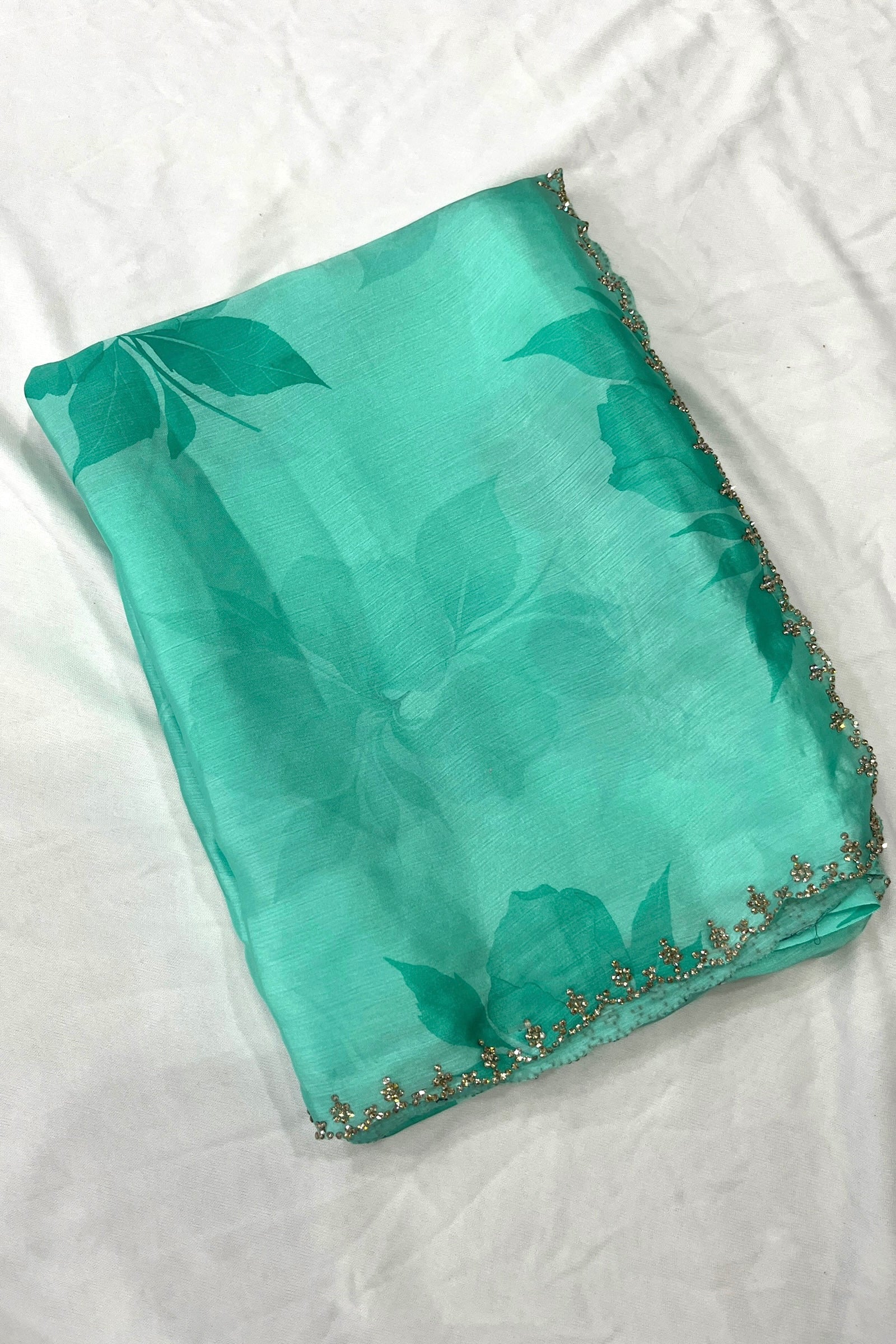 Mint / Sea Green Printed Floral Organza Saree with Embroidered Peacock Blouse