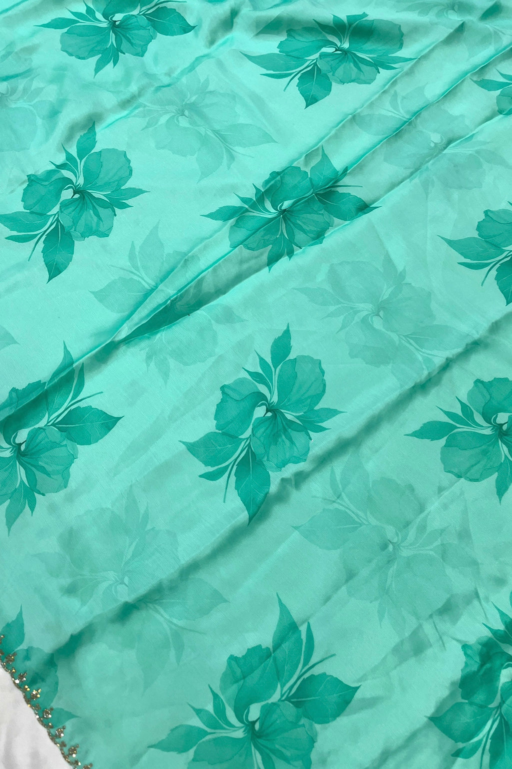 Mint / Sea Green Printed Floral Organza Saree with Embroidered Peacock Blouse
