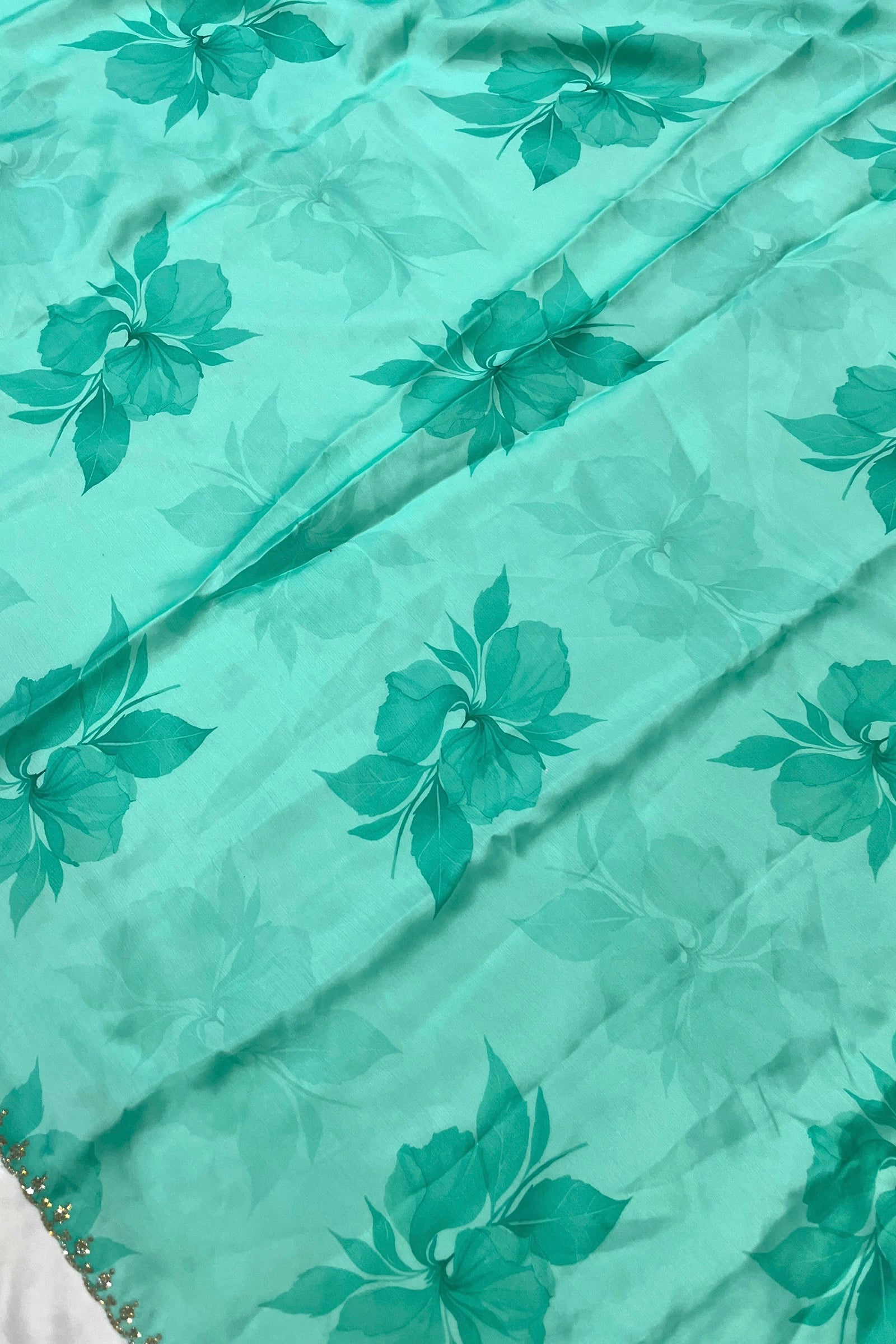 Mint / Sea Green Printed Floral Organza Saree with Embroidered Peacock Blouse